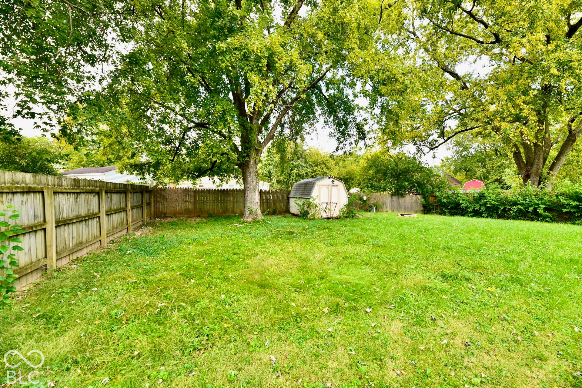Expansive backyard with a wood privacy fence, mature trees, and a storage shed