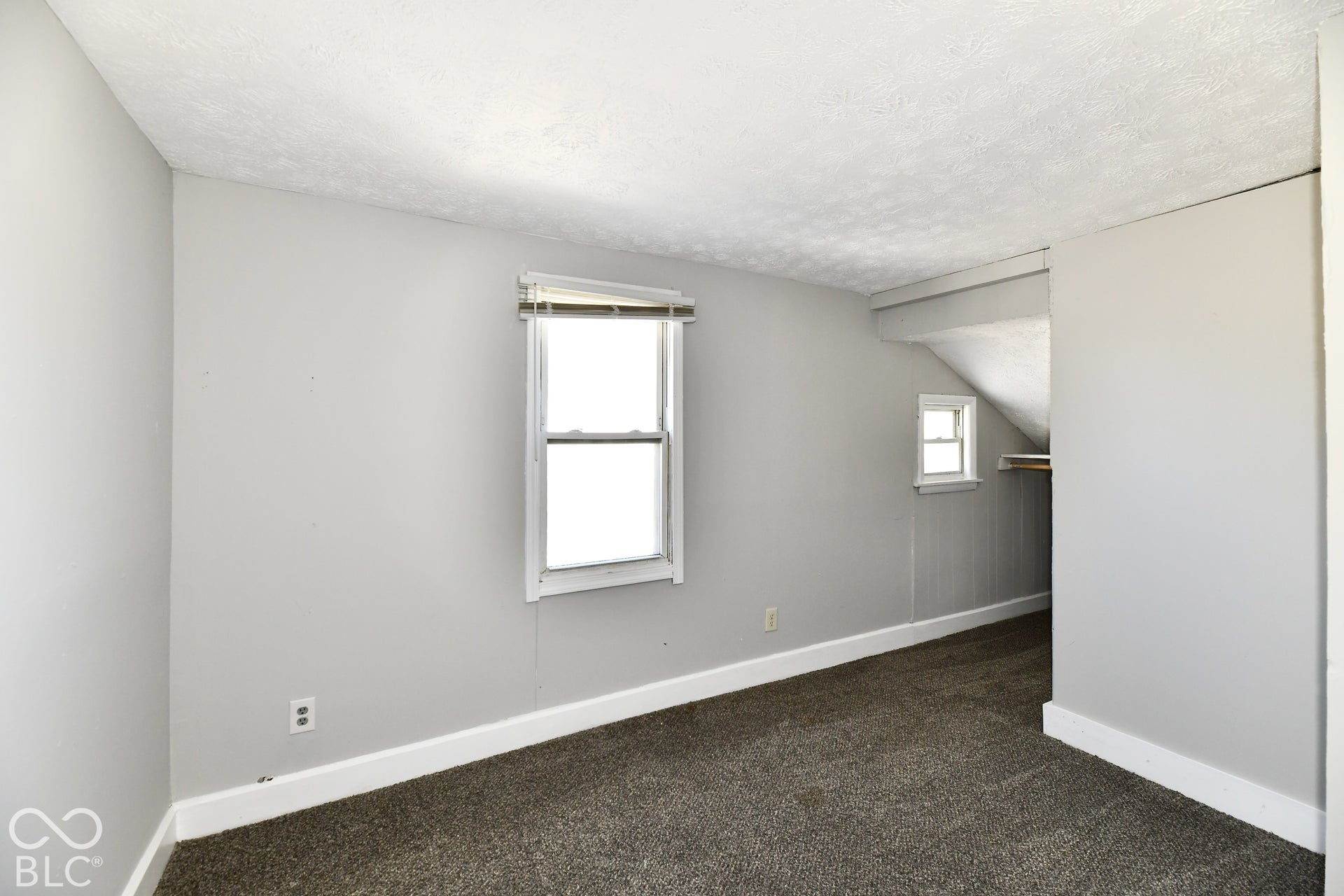 Gray carpet flooring, light gray wall paint, and white trim