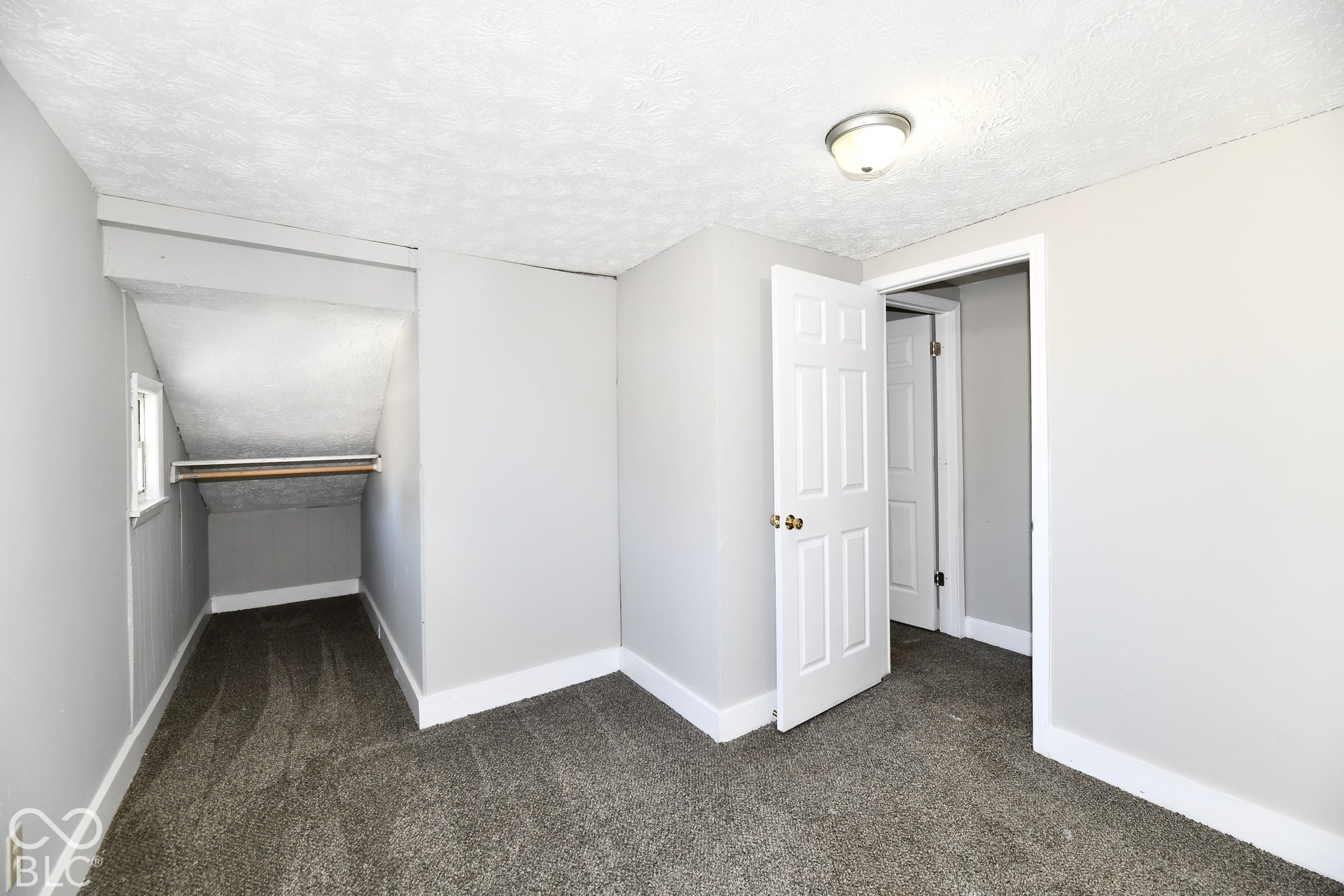 Neutral-toned walls, textured ceiling, and gray carpeting