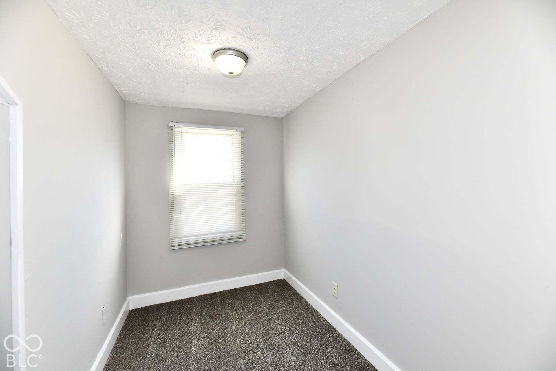 Neutral tone wall paint, textured ceiling, flush mount ceiling light, window with blinds, and carpeted flooring