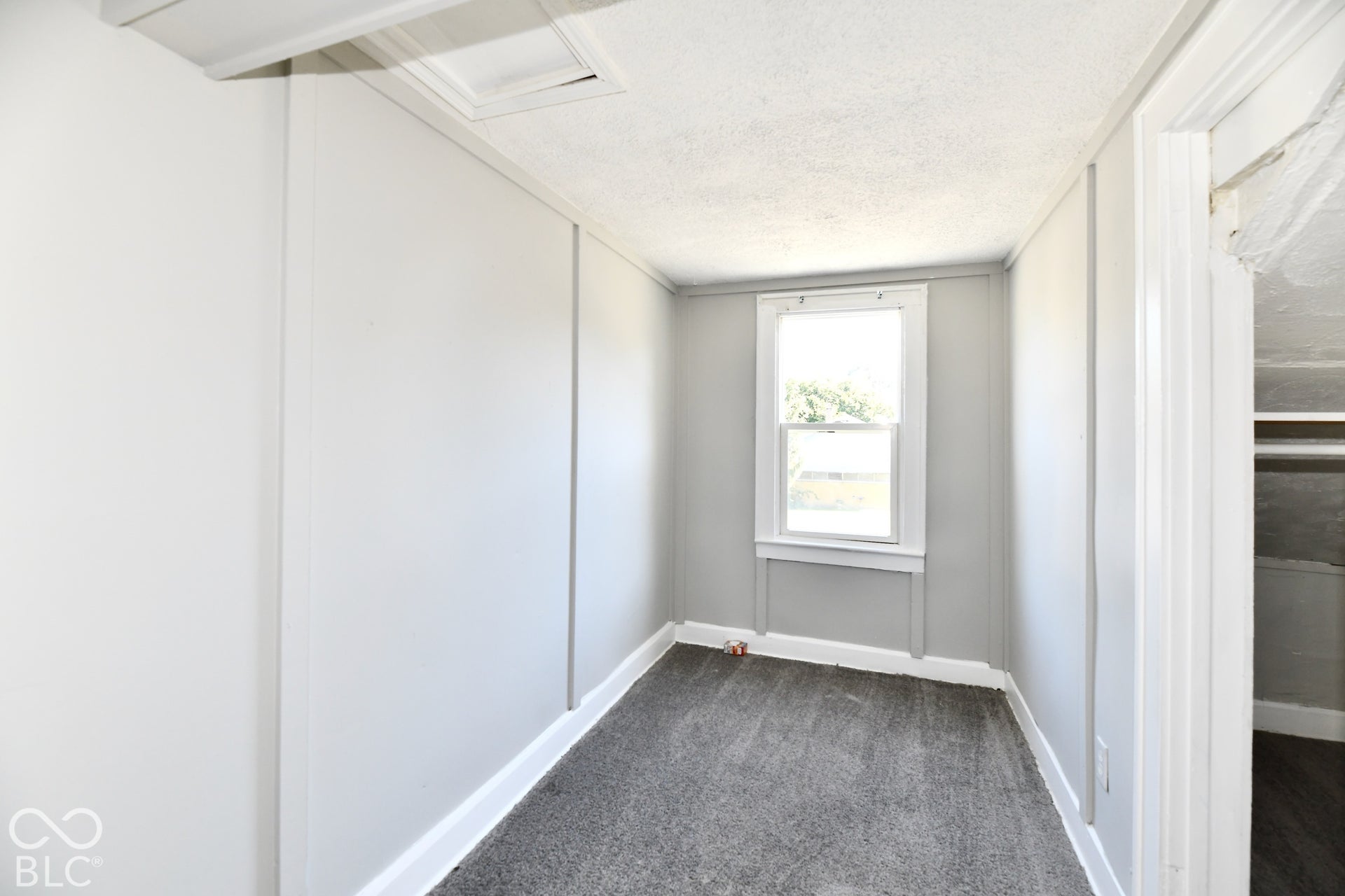 Carpeted flooring with light gray walls, a single window, and a built-in closet with shelving