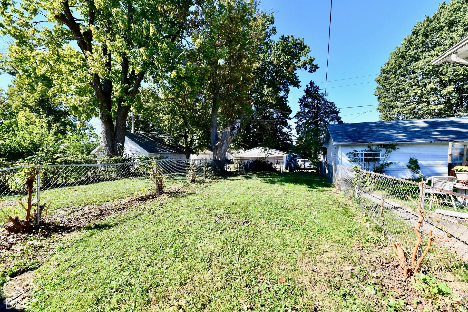 Grassed outdoor space with chain-link fencing, mature trees, and a detached structure