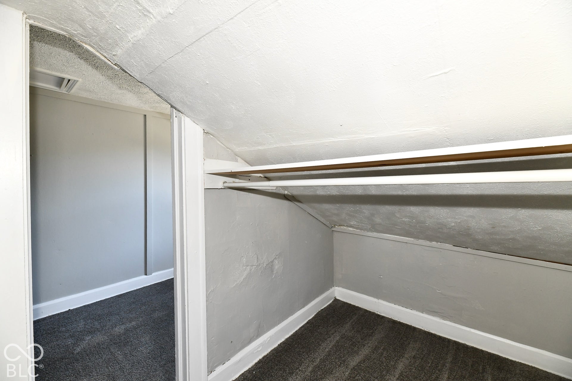 Built-in shelving with hanging rods and dark gray carpeting