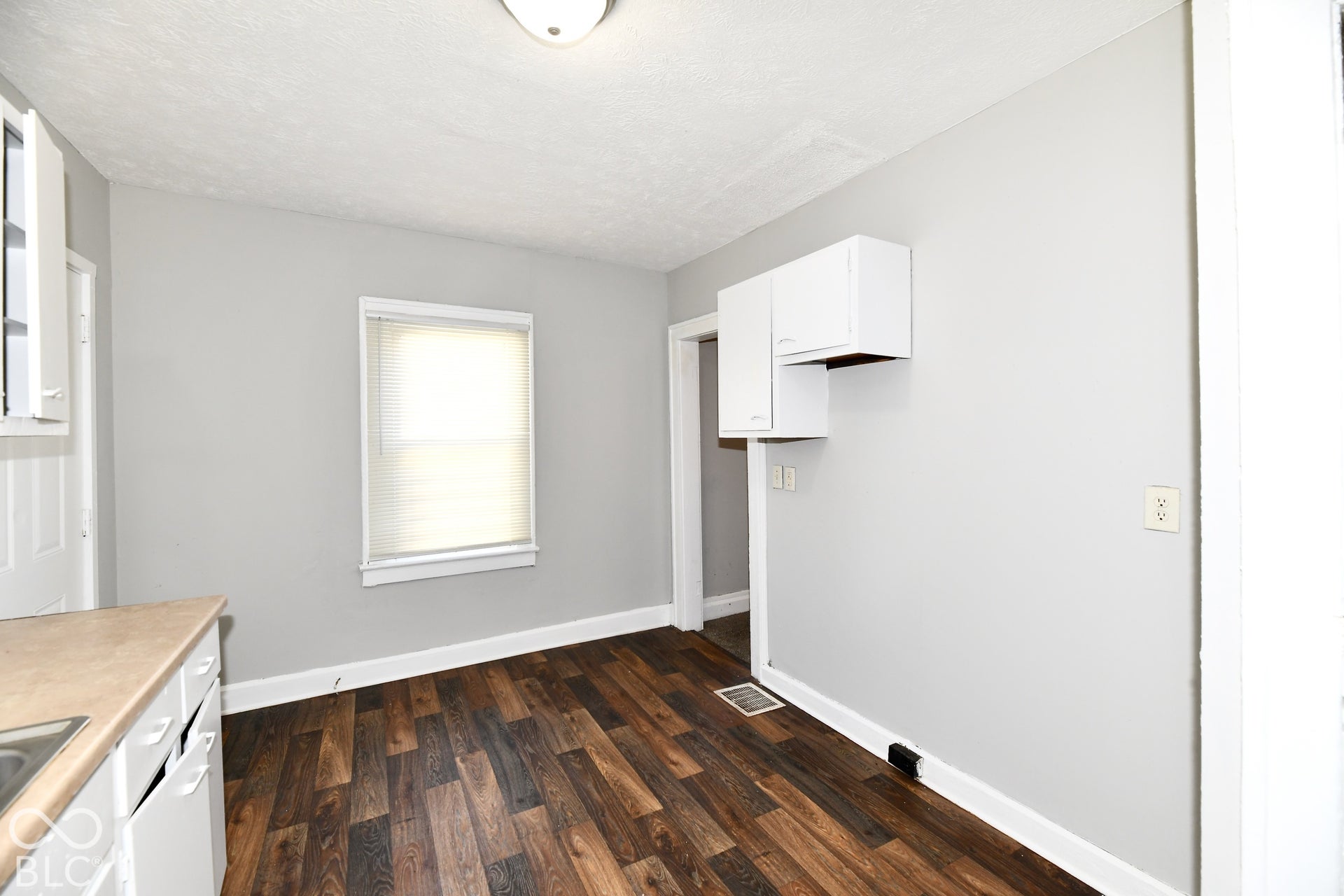 Wood-finish flooring, light gray wall paint, and white cabinetry