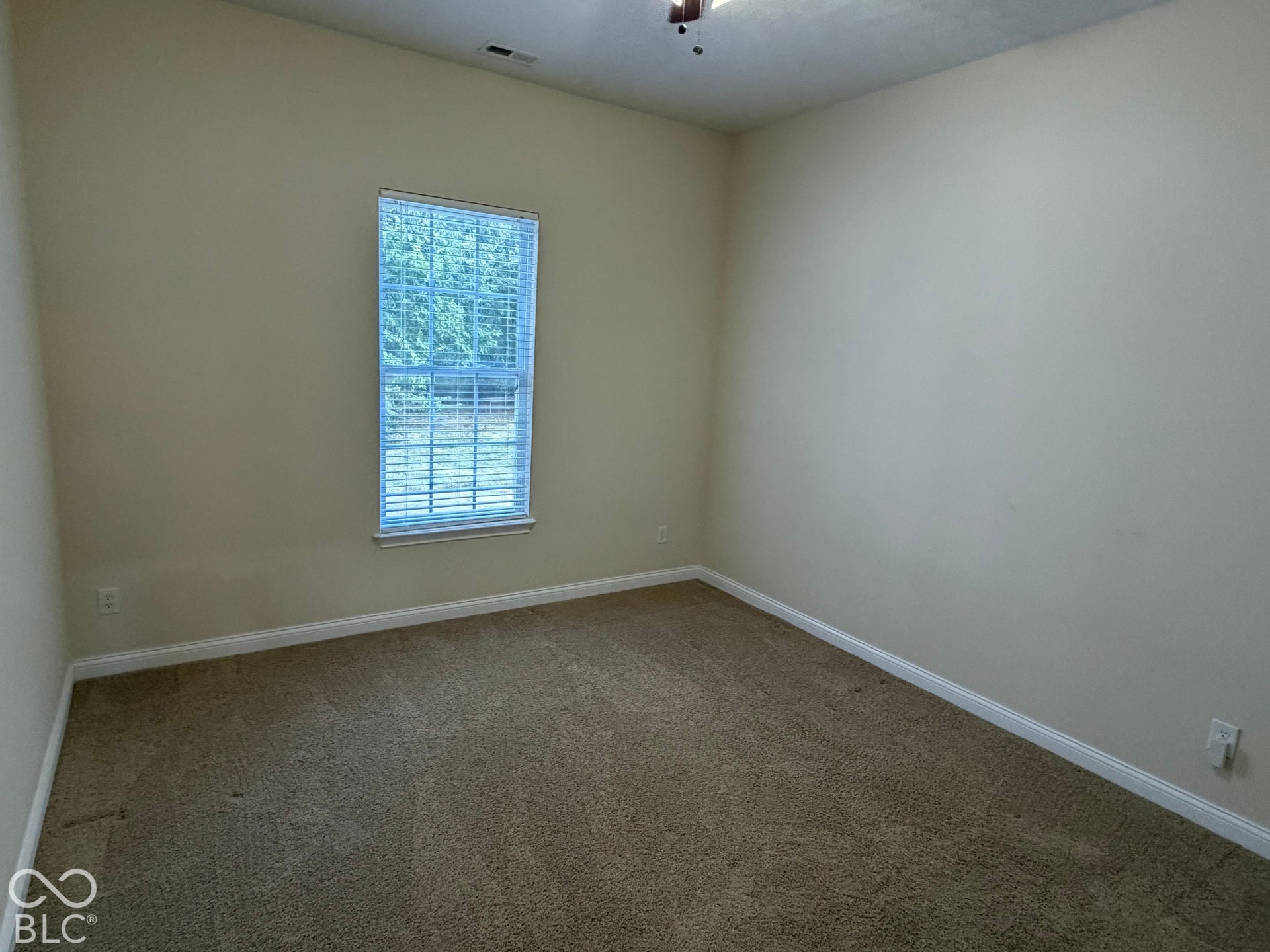 Neutral wall color, carpeted flooring, window with blinds, and a ceiling-mounted light fixture
