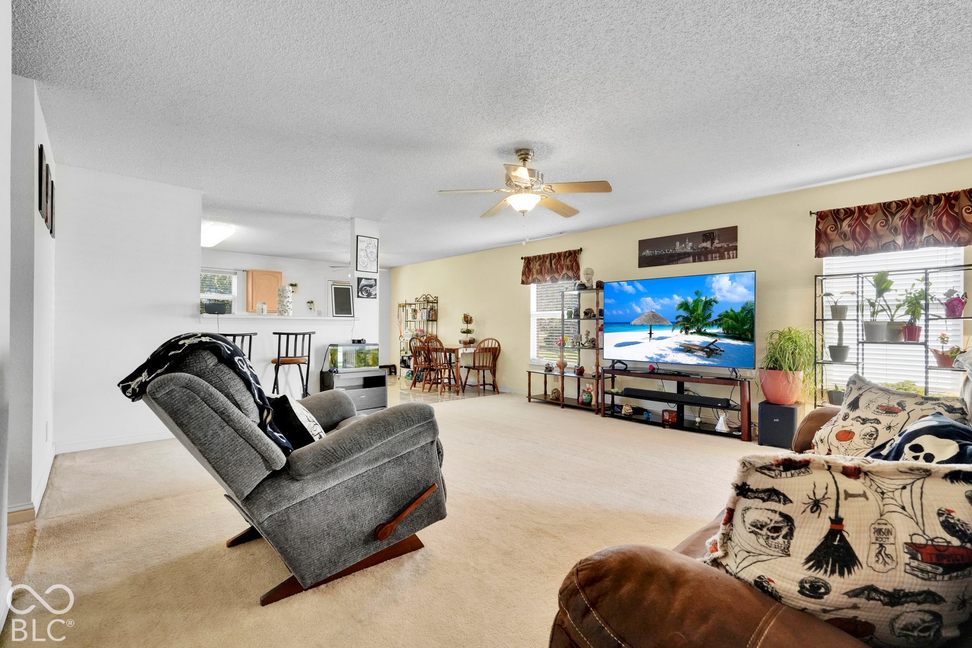 Spacious living area with neutral carpeting, light-toned walls, and a ceiling fan