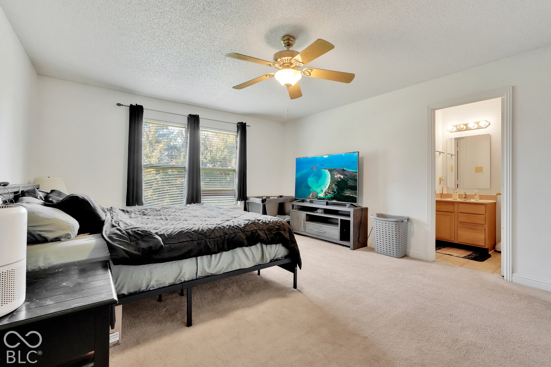 Carpet flooring, three windows with blinds, ceiling fan with integrated lighting, and an adjacent bathroom with a wood-finish vanity
