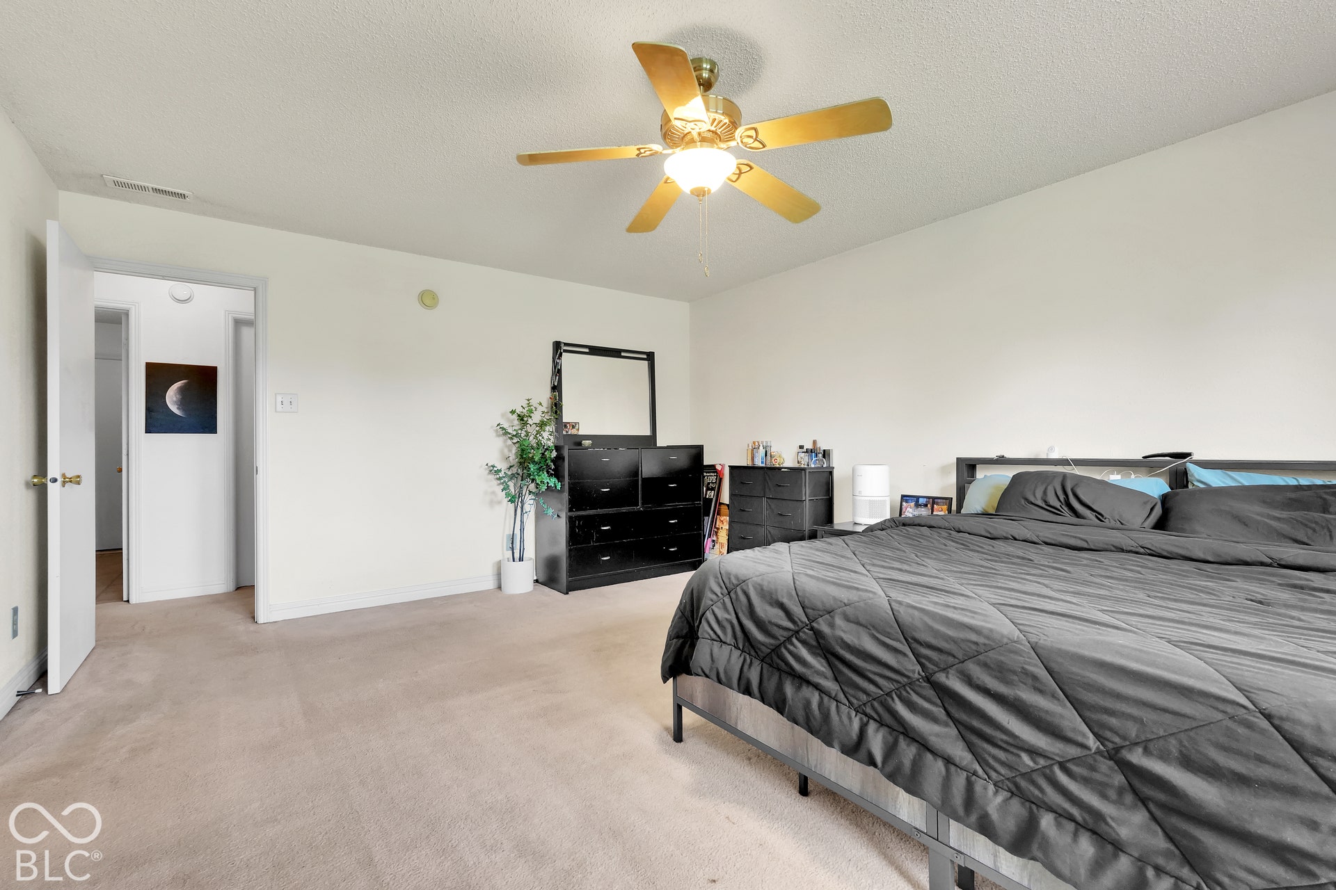 Wall-to-wall carpeting and a ceiling fan with integrated lighting