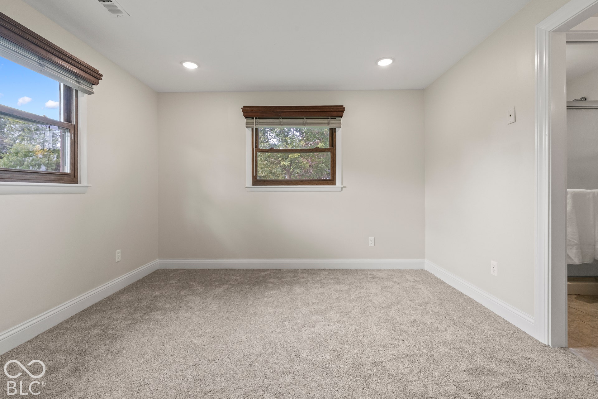 Plush gray carpeting, two windows with wood-finish trim, recessed ceiling lighting, and crisp white baseboards