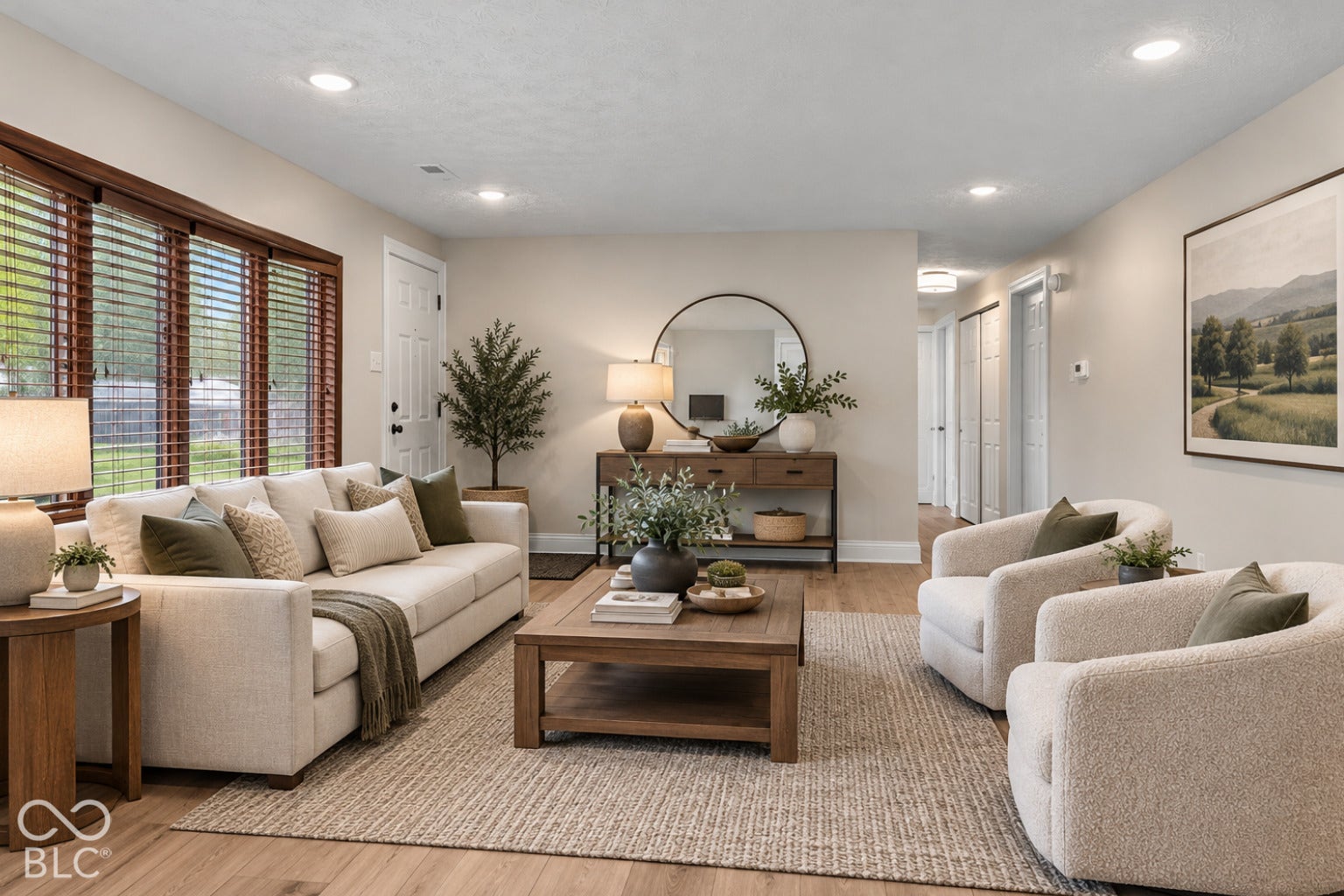 Recessed lighting illuminates the living area with wood-finish flooring and a decorative area rug