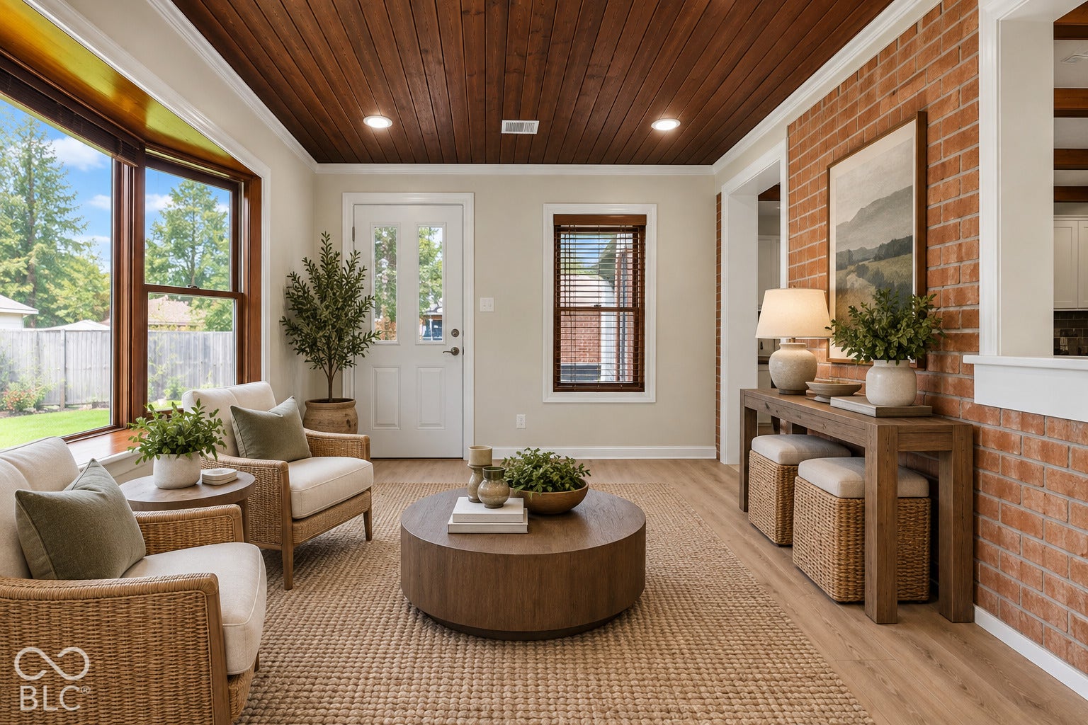 Virtually Altered - Wood-plank ceiling with recessed lighting