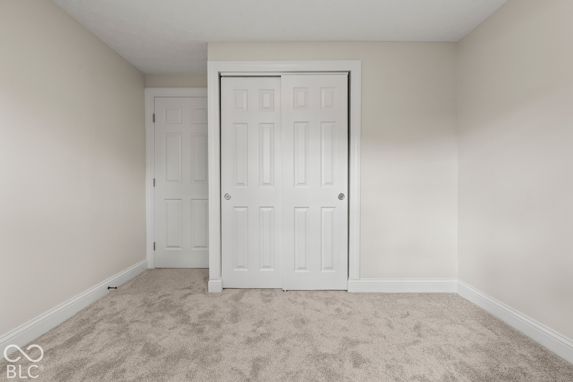 Bedroom 2 Neutral tone wall paint, plush carpet flooring, white trim, and a white bi-fold closet door