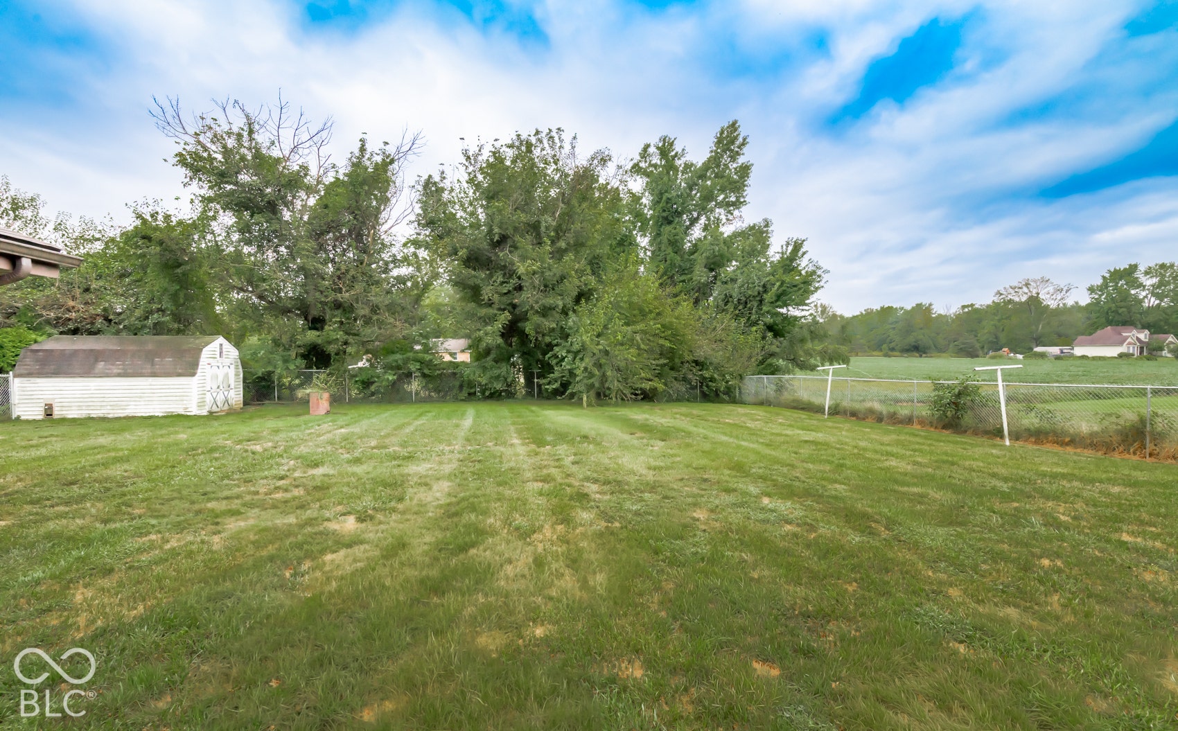 Expansive green lawn with mature trees and a white storage shed