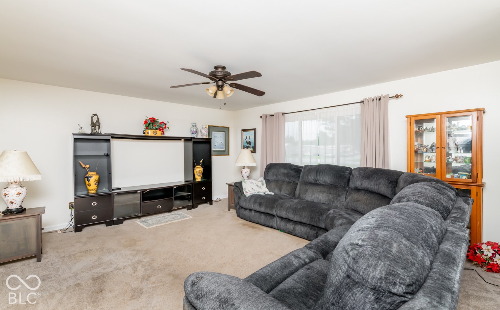 Carpeted living area with a ceiling fan, window with curtain rod, and light-toned walls