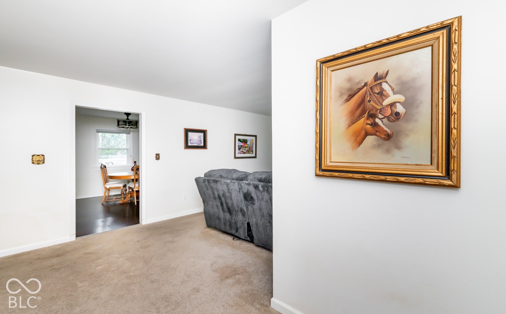 Carpeted flooring, white painted walls, and a doorway leading to a room with wood-finish flooring