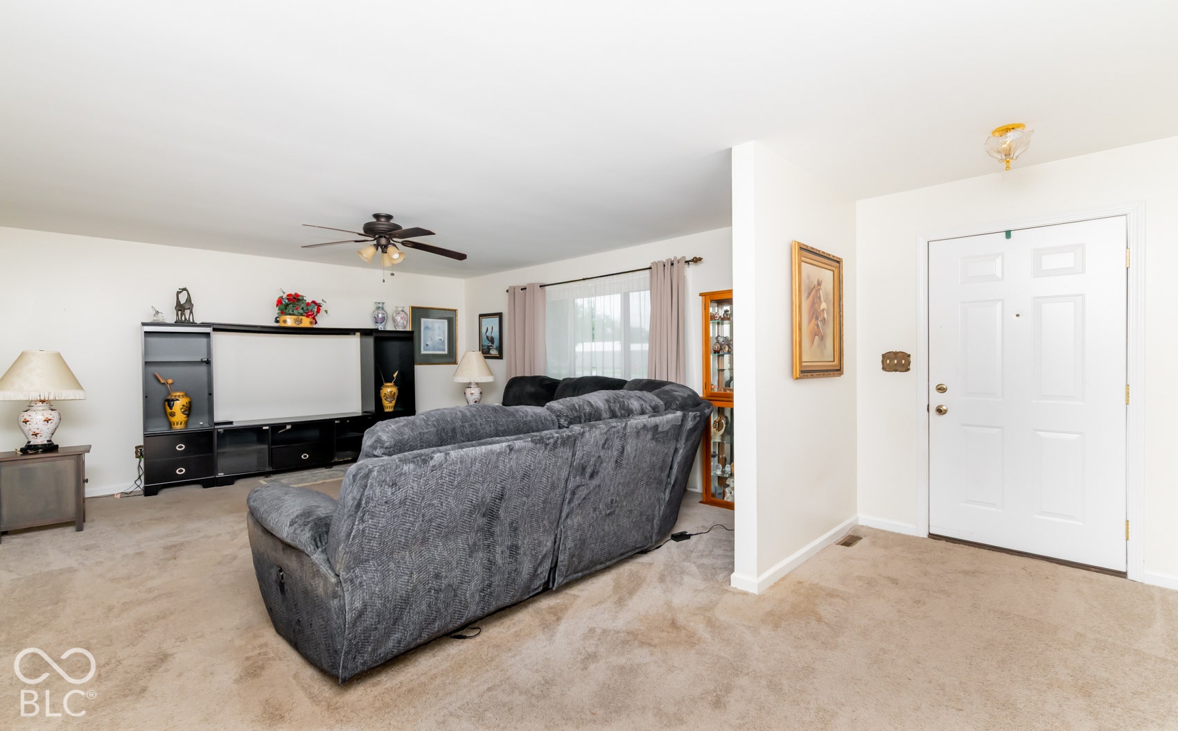 Carpeted living area with a ceiling fan, white paneled entry door, and a dedicated media wall