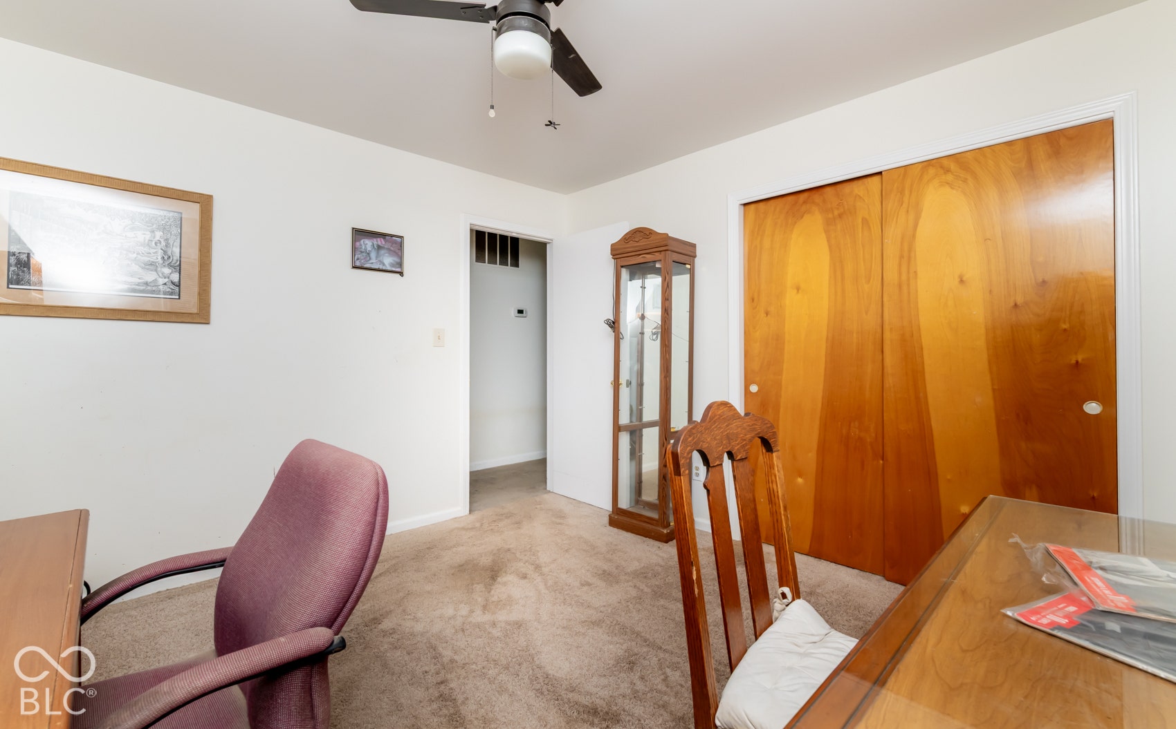 White walls with a ceiling fan, light-toned carpeting, and wood-finish closet doors