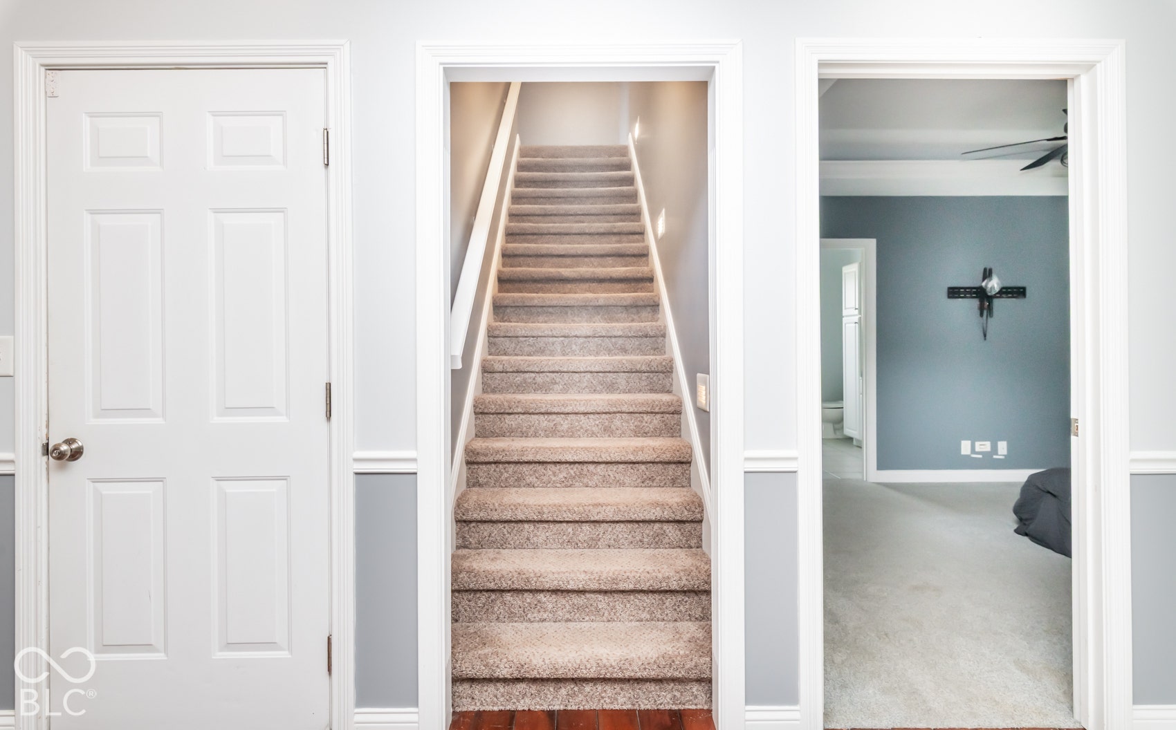 Carpeted staircase with white railing, paneled interior doors, and wainscoting