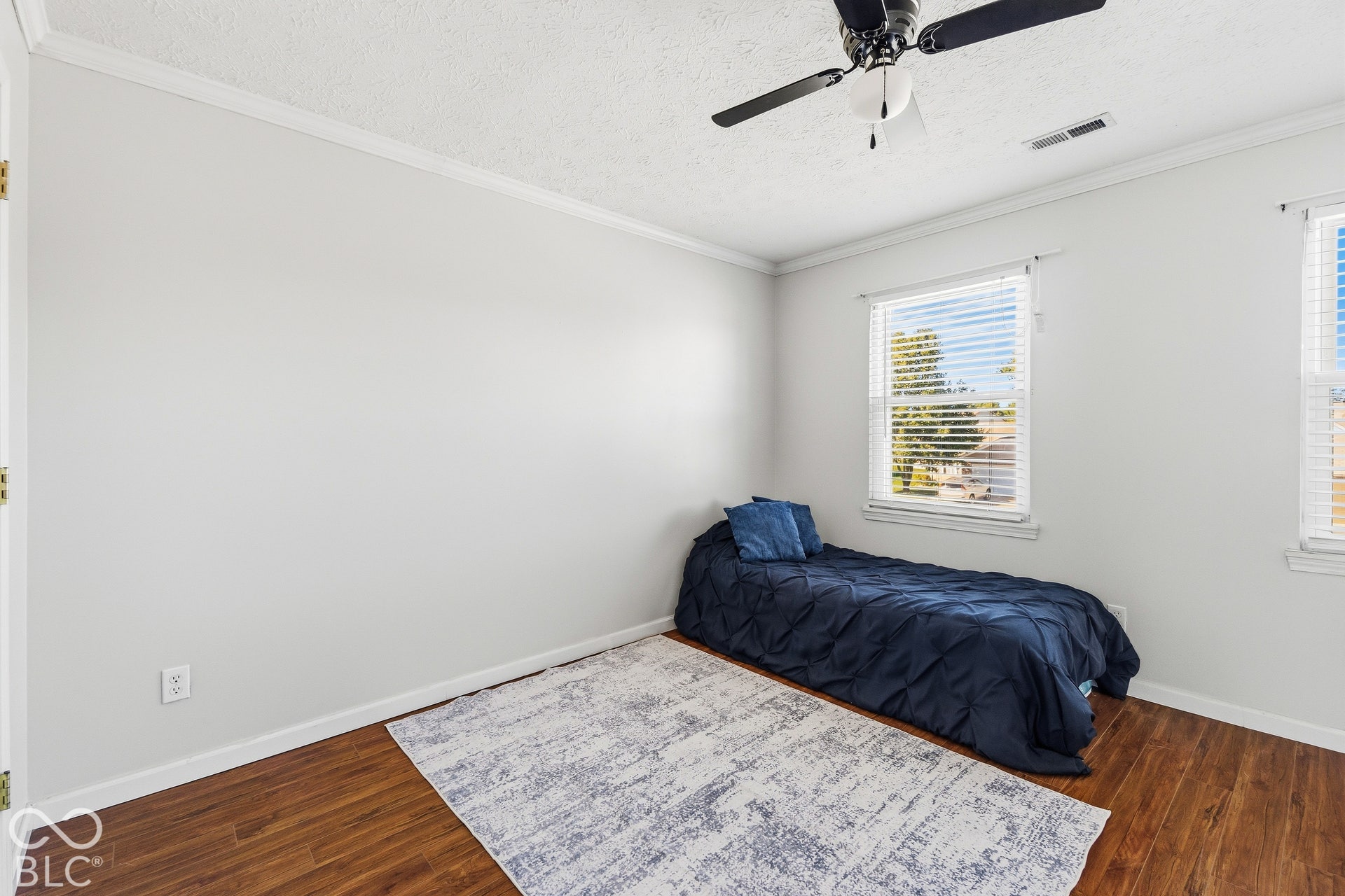 Wood-finish flooring, white crown molding, two windows with blinds, a black ceiling fan, and white painted walls
