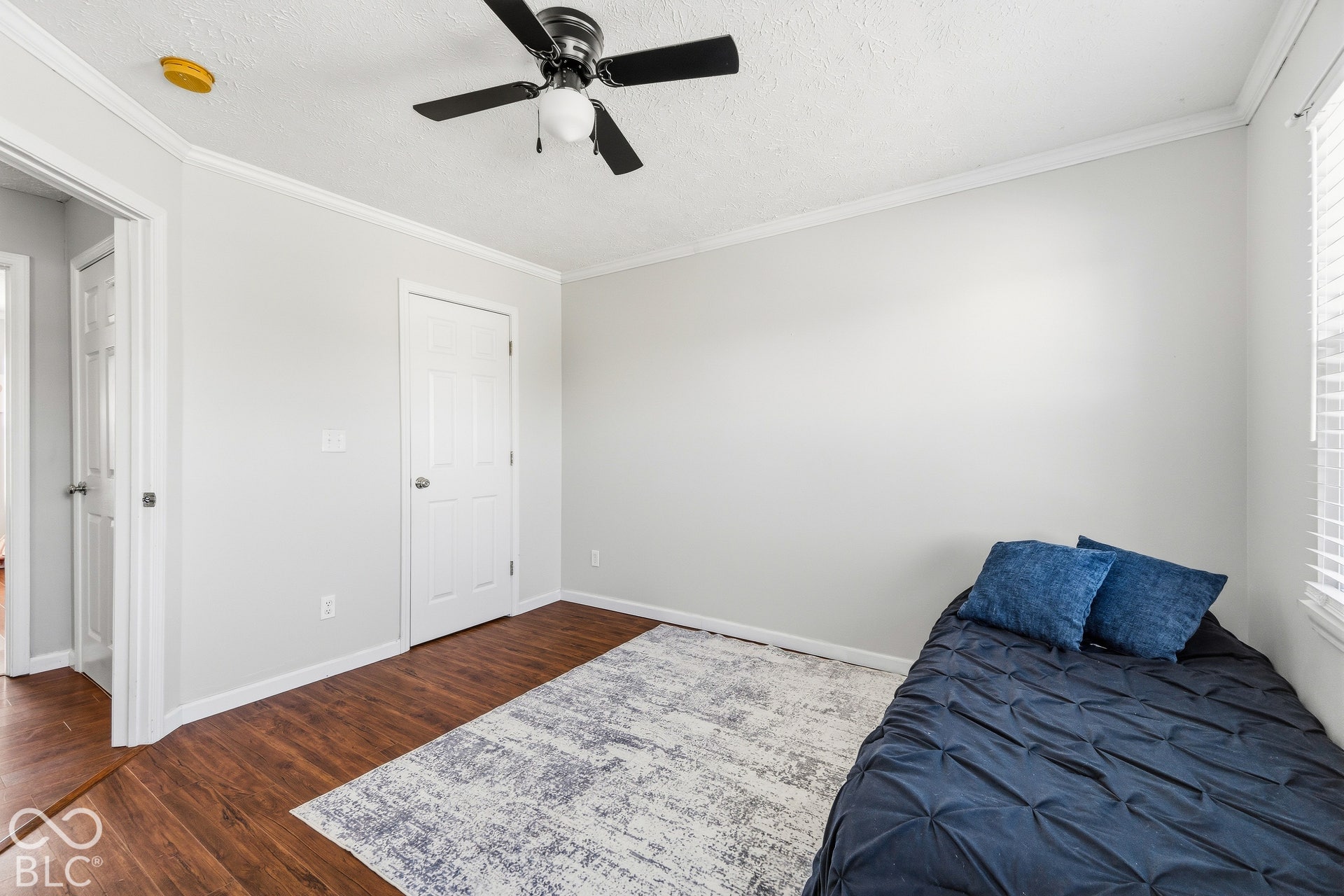 Wood-finish flooring, white trim, ceiling fan, and window with blinds