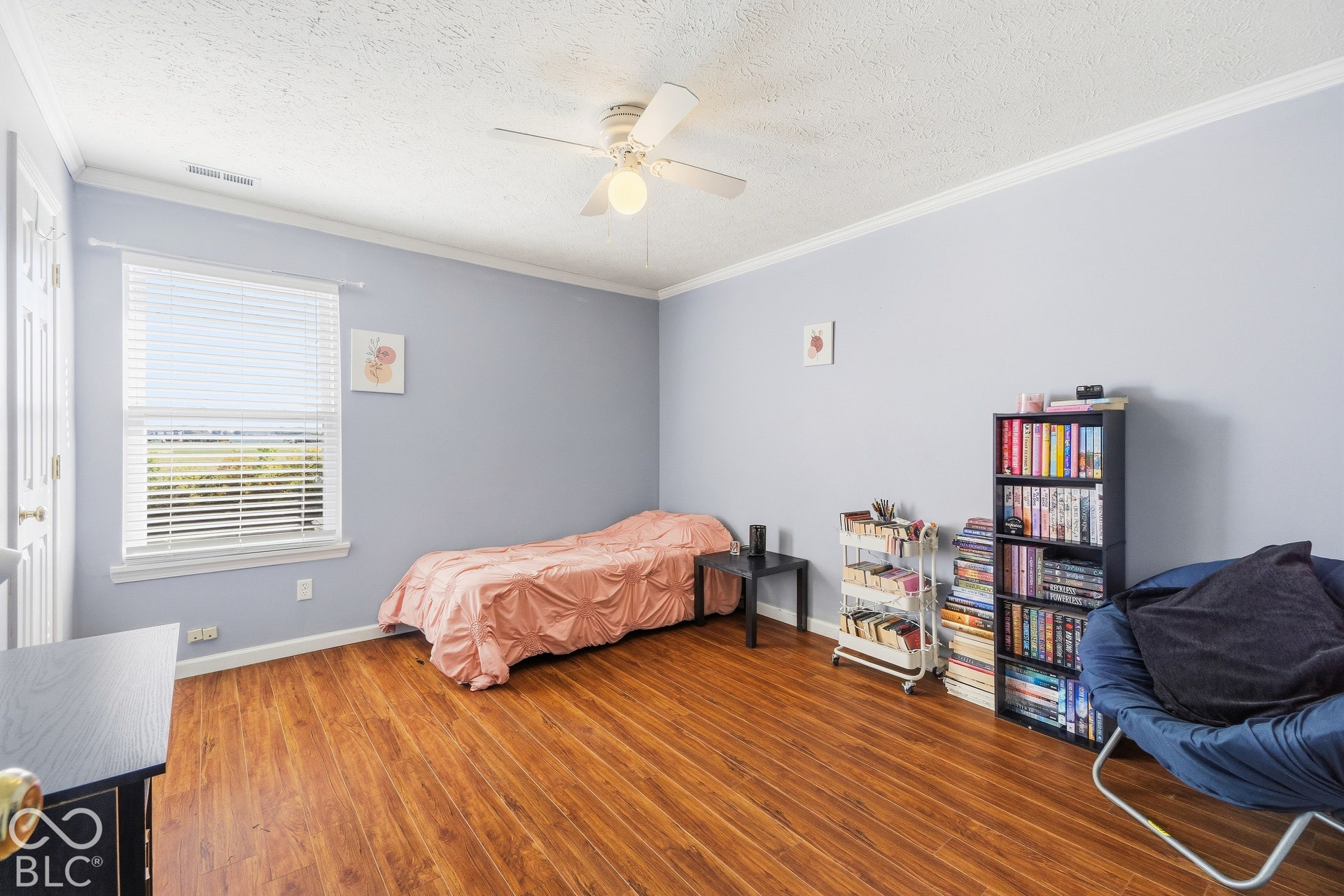 Wood-finish flooring, ceiling fan with integrated lighting, crown molding, and a window with blinds