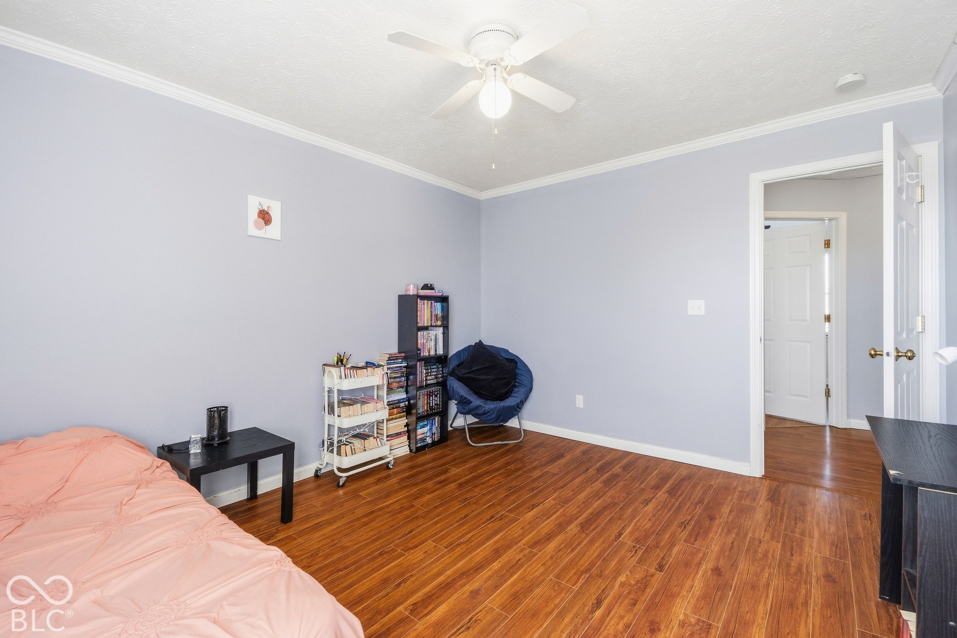 Wood-finish flooring, crown molding, ceiling fan with light fixture, and a solid core door