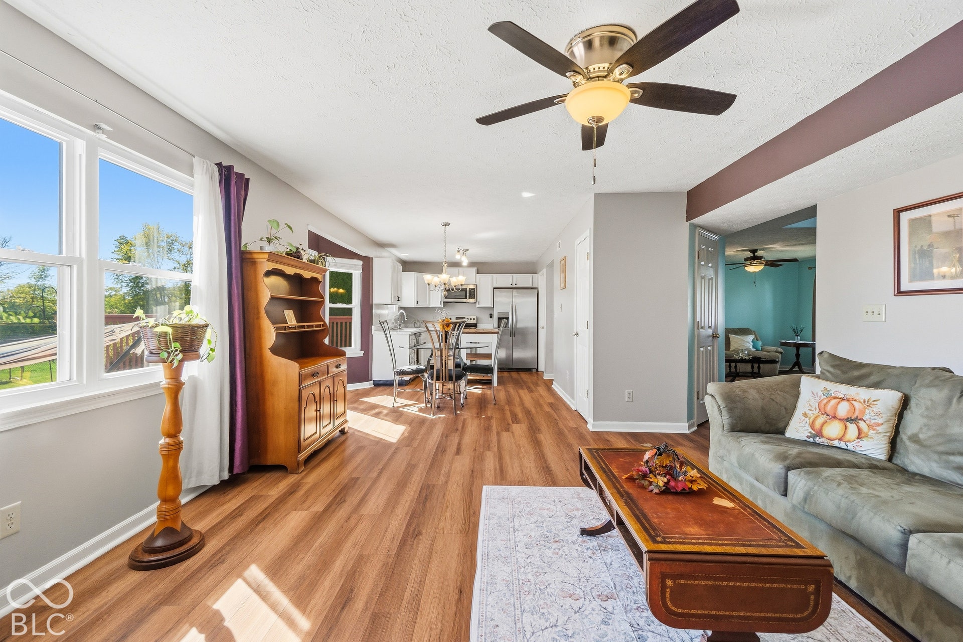 Wood-finish flooring throughout, modern ceiling fan with integrated lighting, multiple windows providing ample natural light, white kitchen cabinetry, and stainless steel appliances