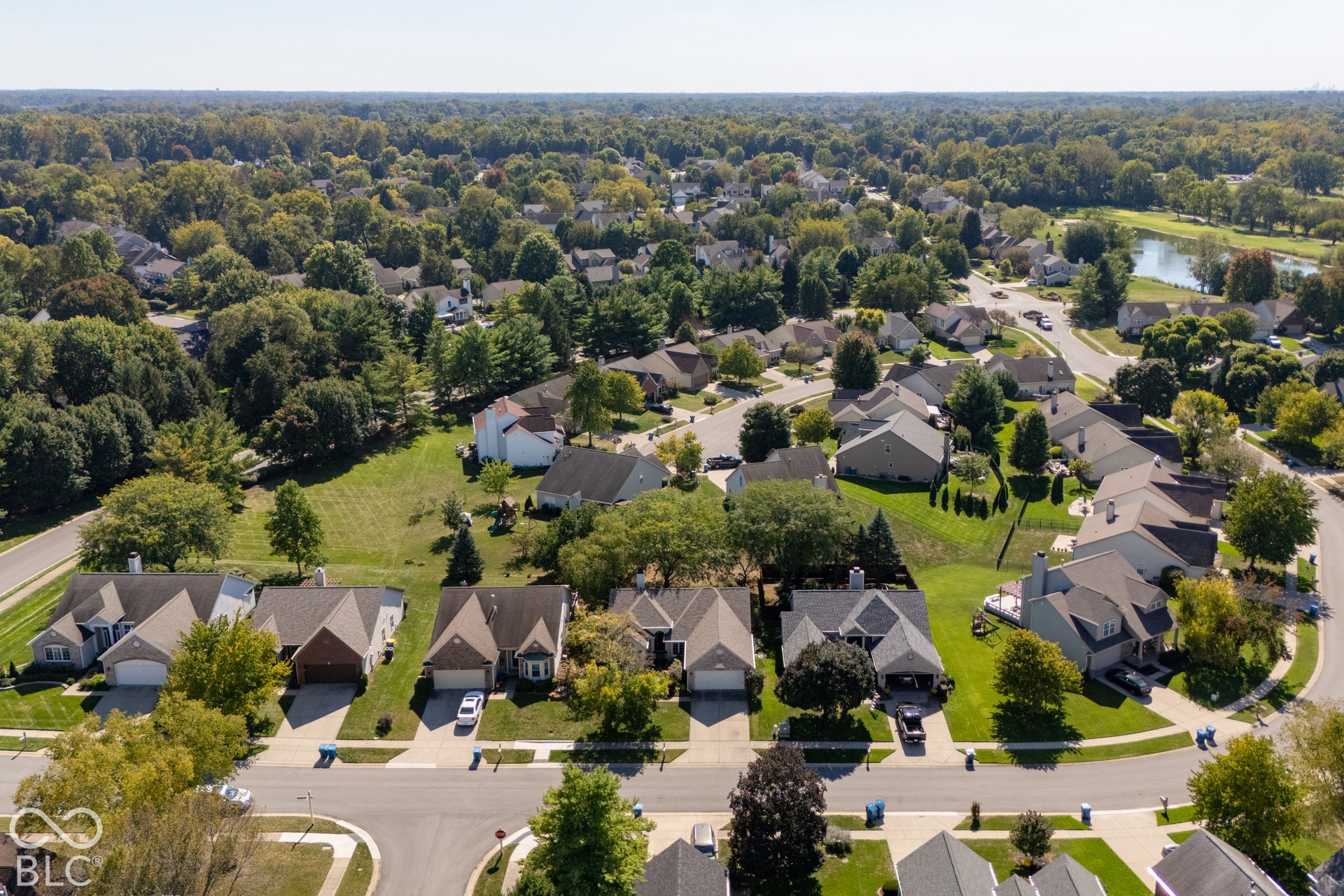 Residential neighborhood with extensive tree canopy, paved streets, and a visible pond feature