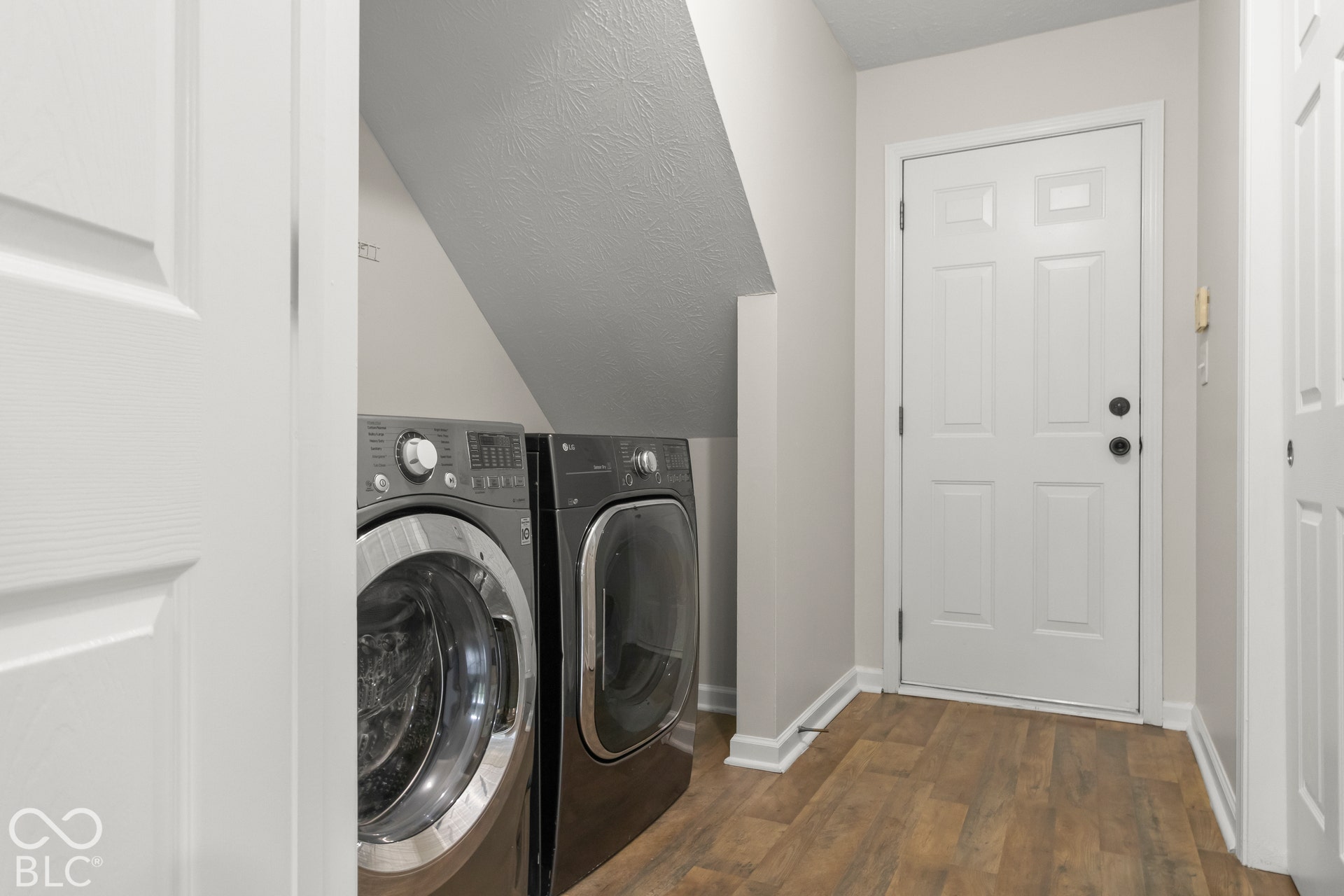 Dedicated laundry area with wood-finish flooring and a paneled door