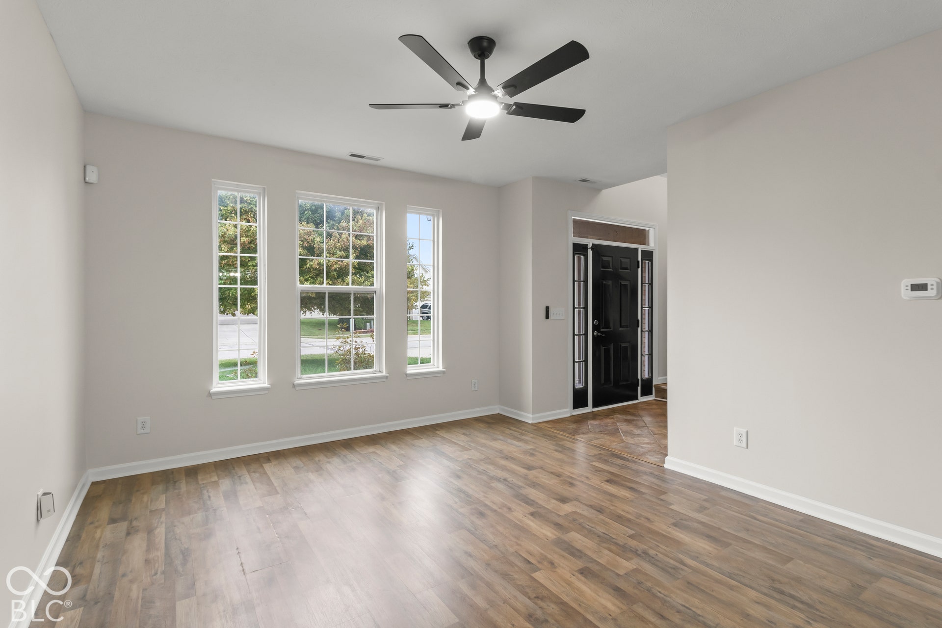 Wood-finish flooring, multiple pane windows, a modern ceiling fan, and a black paneled entry door