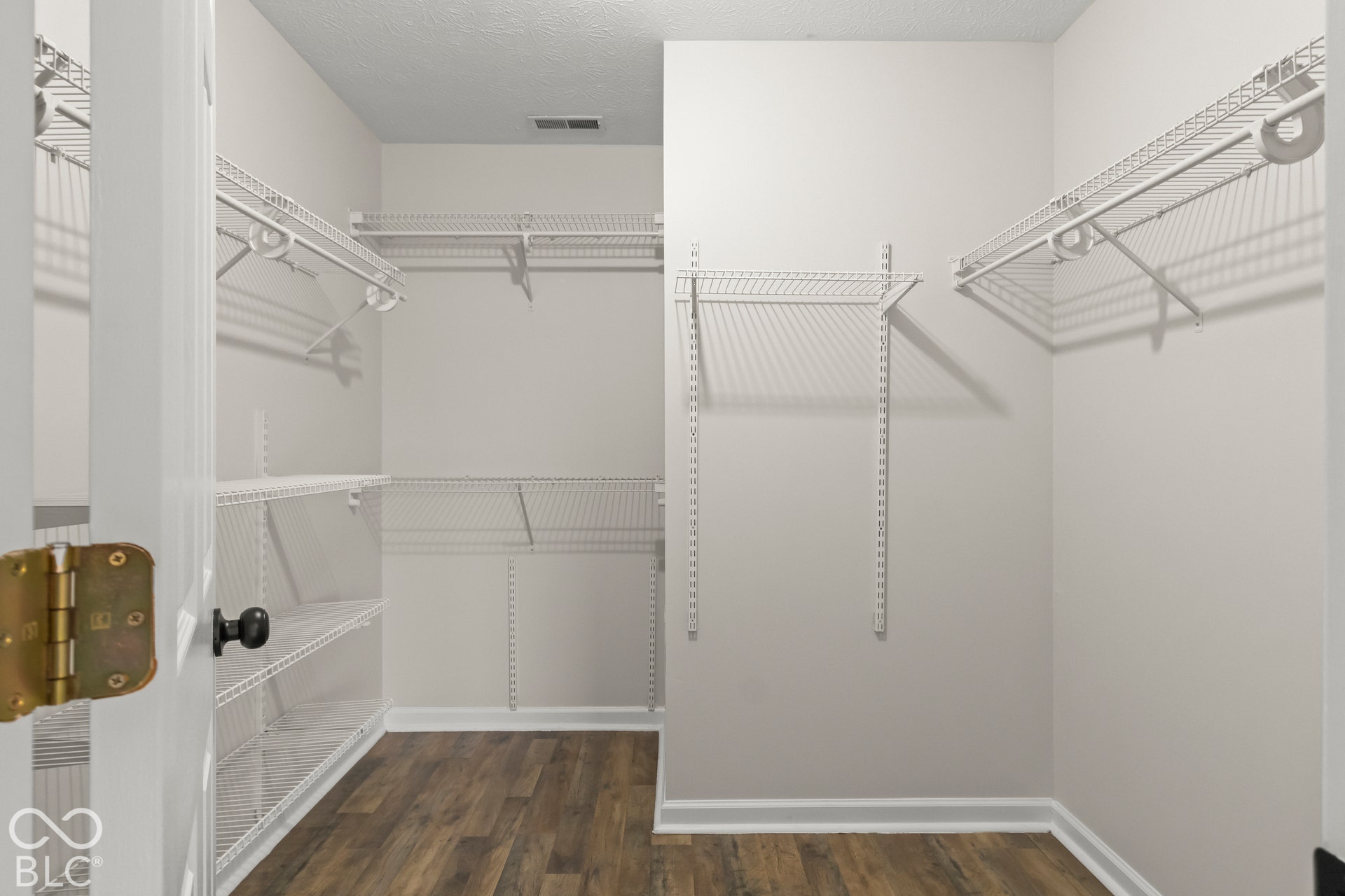 Walk-in closet with wood-finish flooring, white walls, and built-in wire shelving