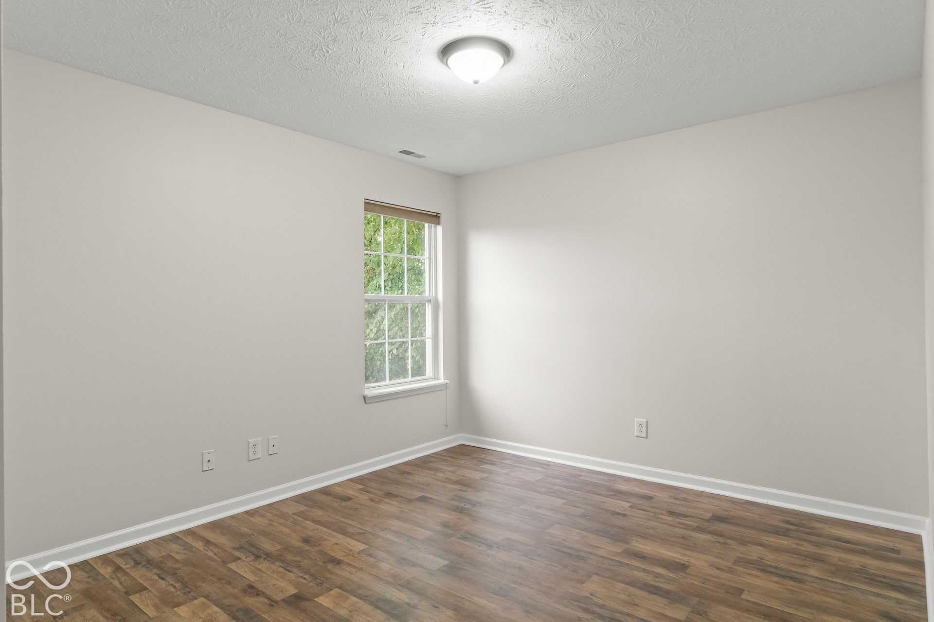 Neutral wall paint, wood-finish flooring, white trim, and a double-hung window