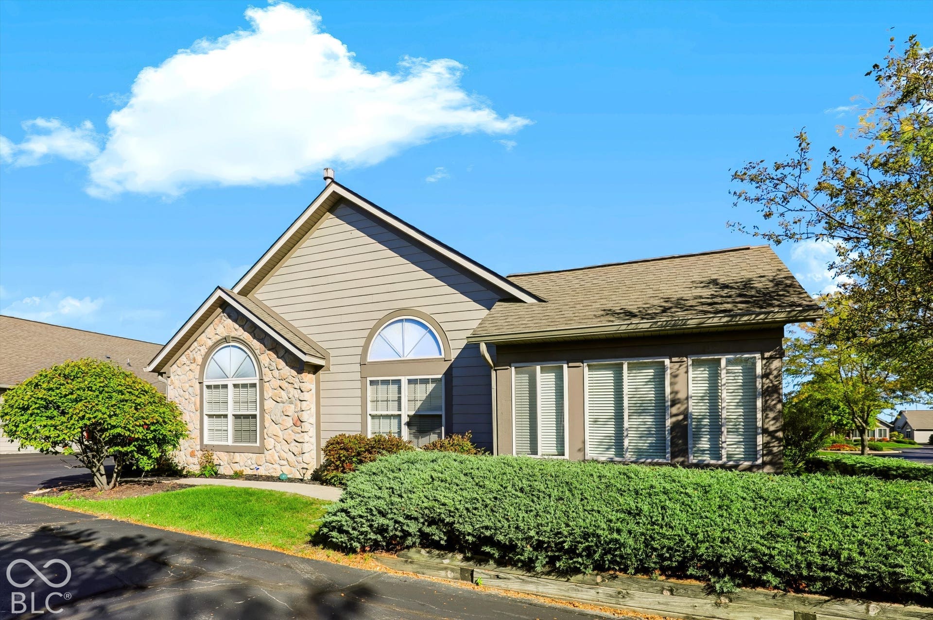 Stone veneer facade with arched windows, light tan siding, a brown shingled roof, and established landscaping