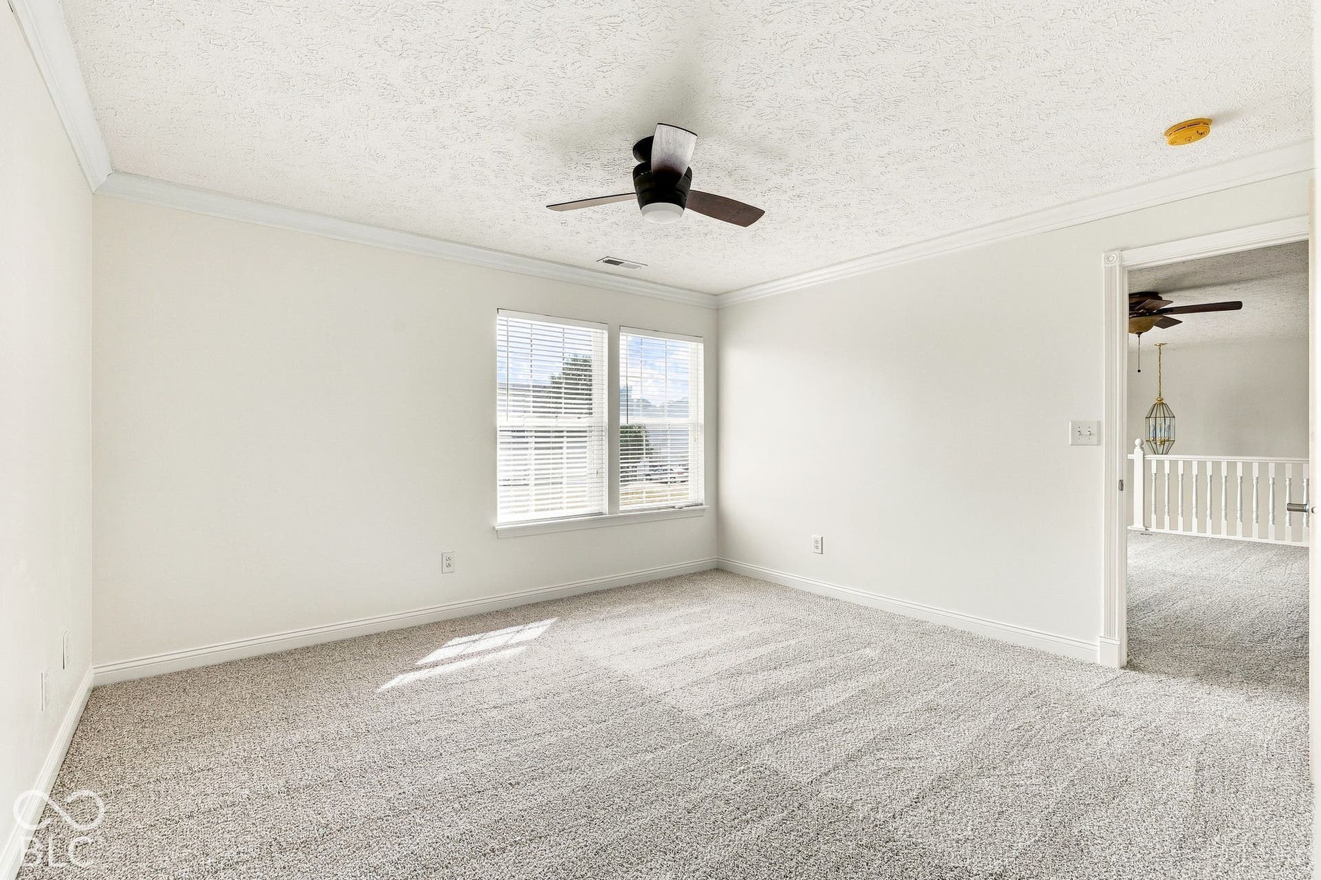 Recessed lighting, ceiling fan, crown molding, double windows, and neutral carpeting