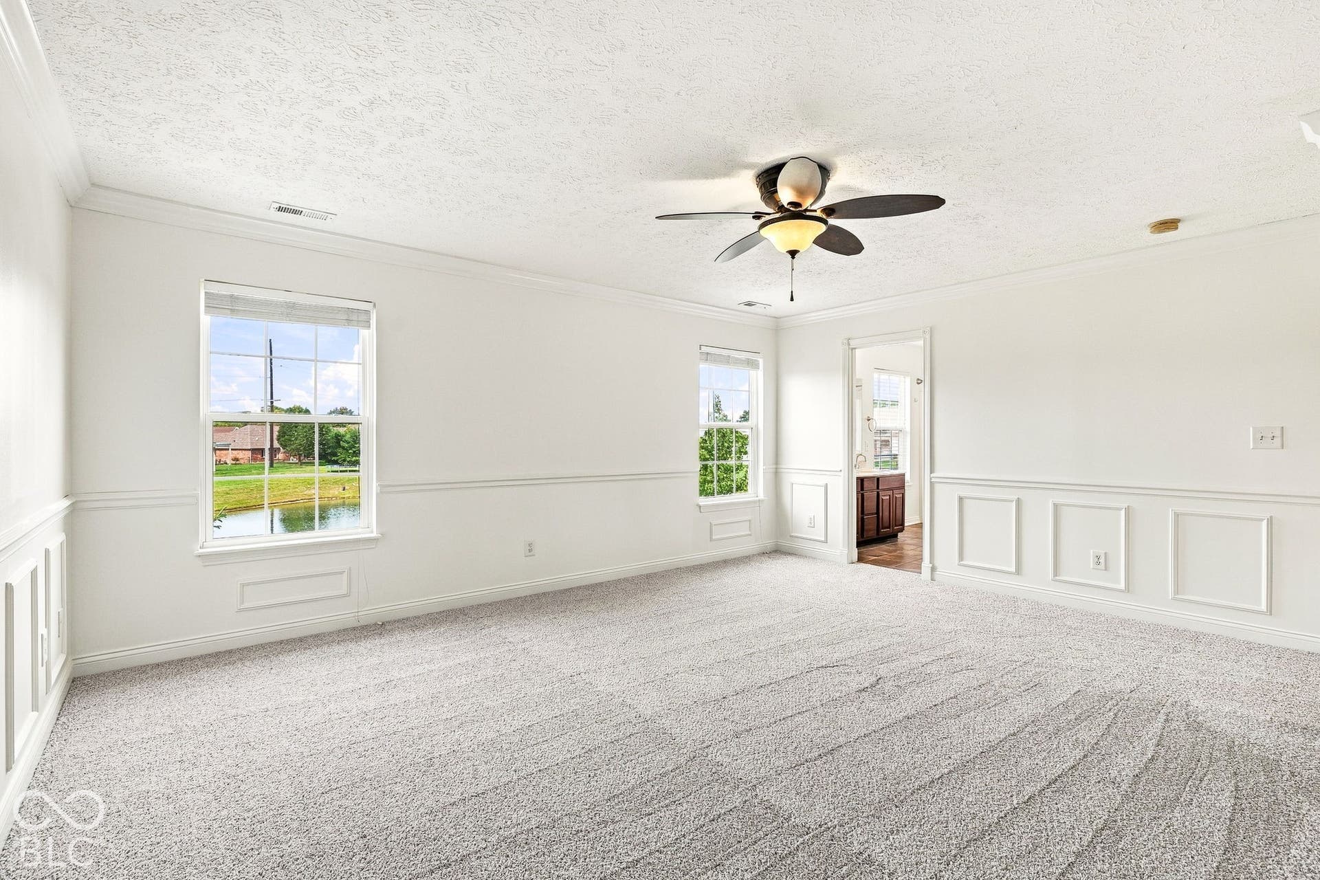 Spacious room featuring light-toned carpet, decorative wainscoting, and crown molding