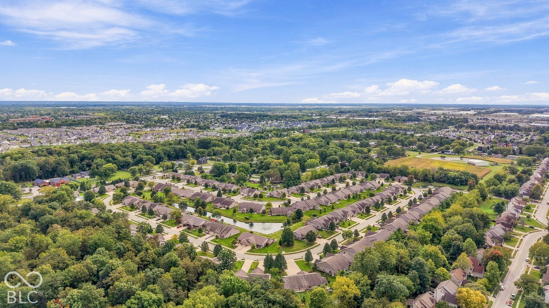 Residential neighborhood with mature trees, established homes