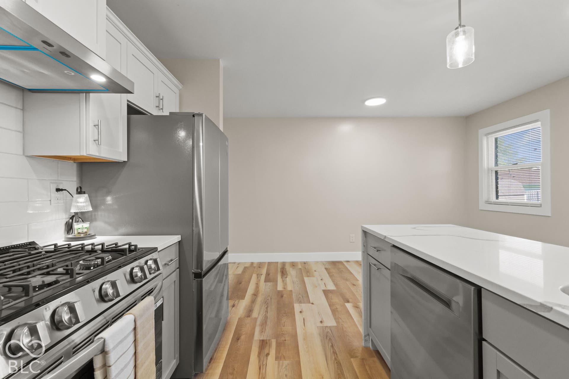 Modern kitchen featuring stainless steel appliances, white cabinetry, a kitchen island with built-in dishwasher, and wood-finish flooring