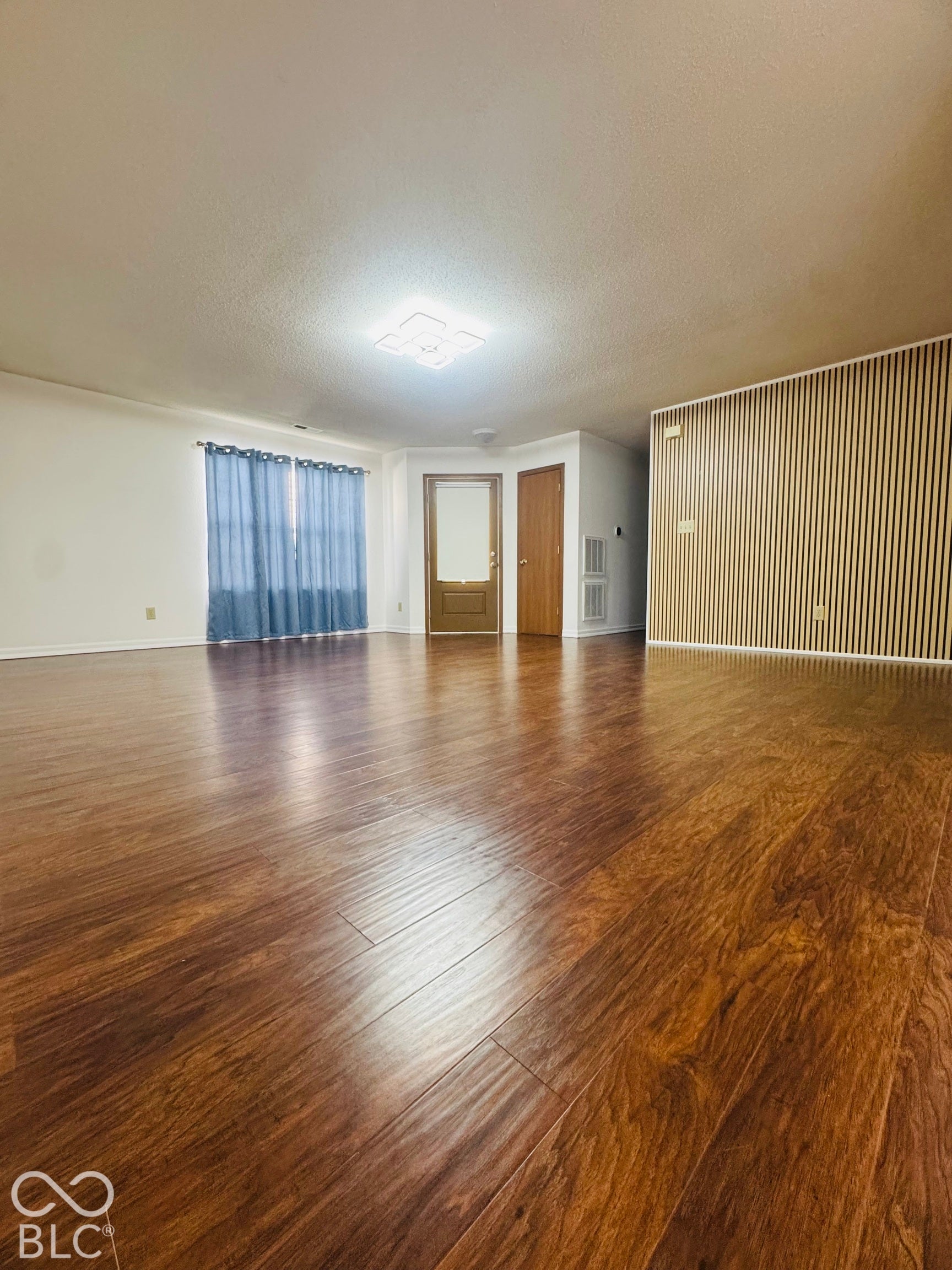 Wood-finish flooring throughout, with a decorative ceiling light fixture
