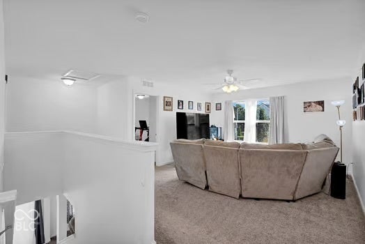 Carpeted living area featuring a ceiling fan with light fixture and a window with natural light