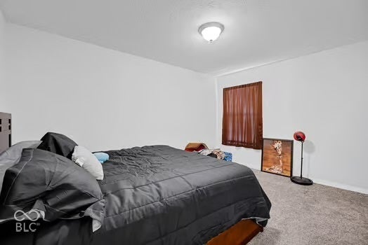 Carpeted flooring, recessed window, and flush-mount ceiling light fixture
