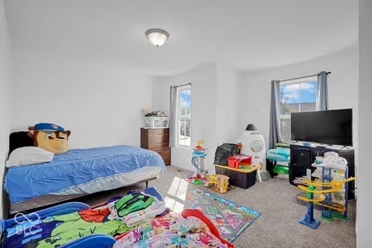 White walls featuring two windows with natural light, a semi-flush mount ceiling light, and carpeted flooring