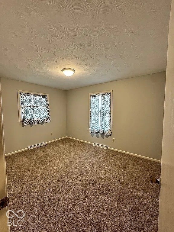 Neutral wall paint, two windows, wall-to-wall carpeting, and a flush mount ceiling light fixture