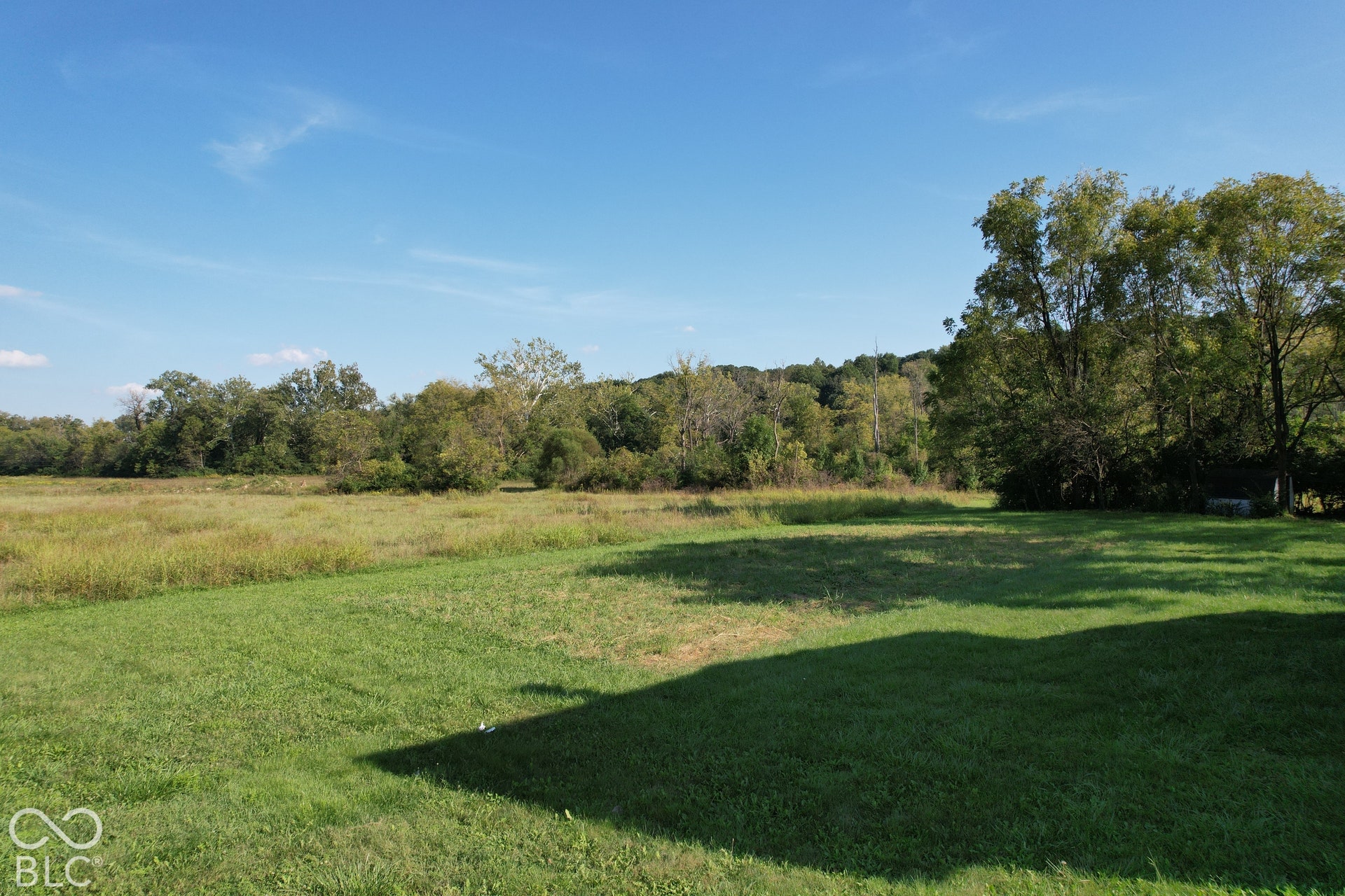 Expansive grass lawn with varied terrain, surrounded by mature trees and natural vegetation