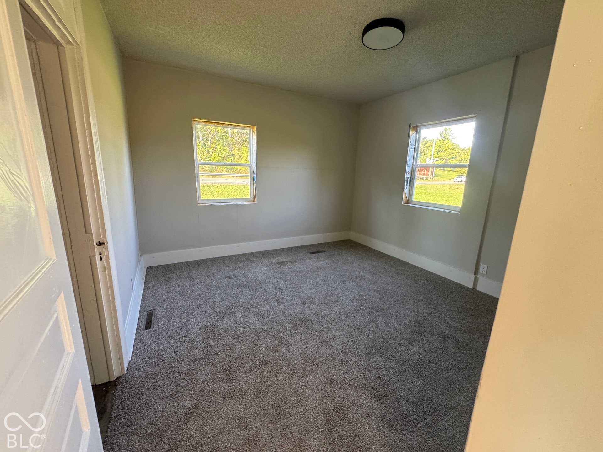 Gray carpeted flooring with light neutral wall tones, two windows with white trim, and a flush-mount ceiling light fixture