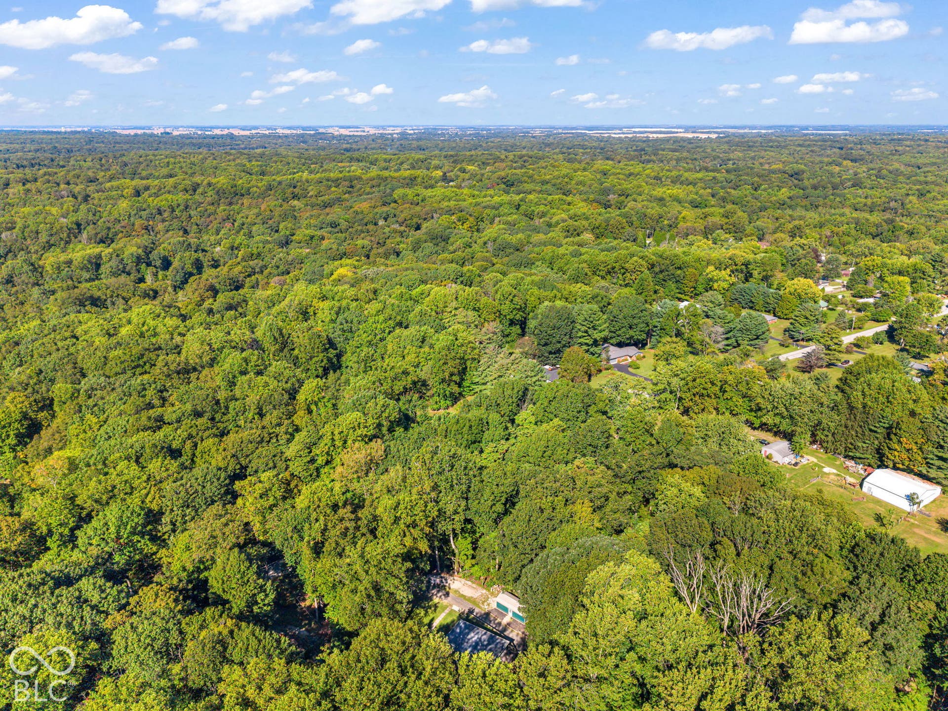 Expansive wooded acreage with scattered residences and distant urban elements