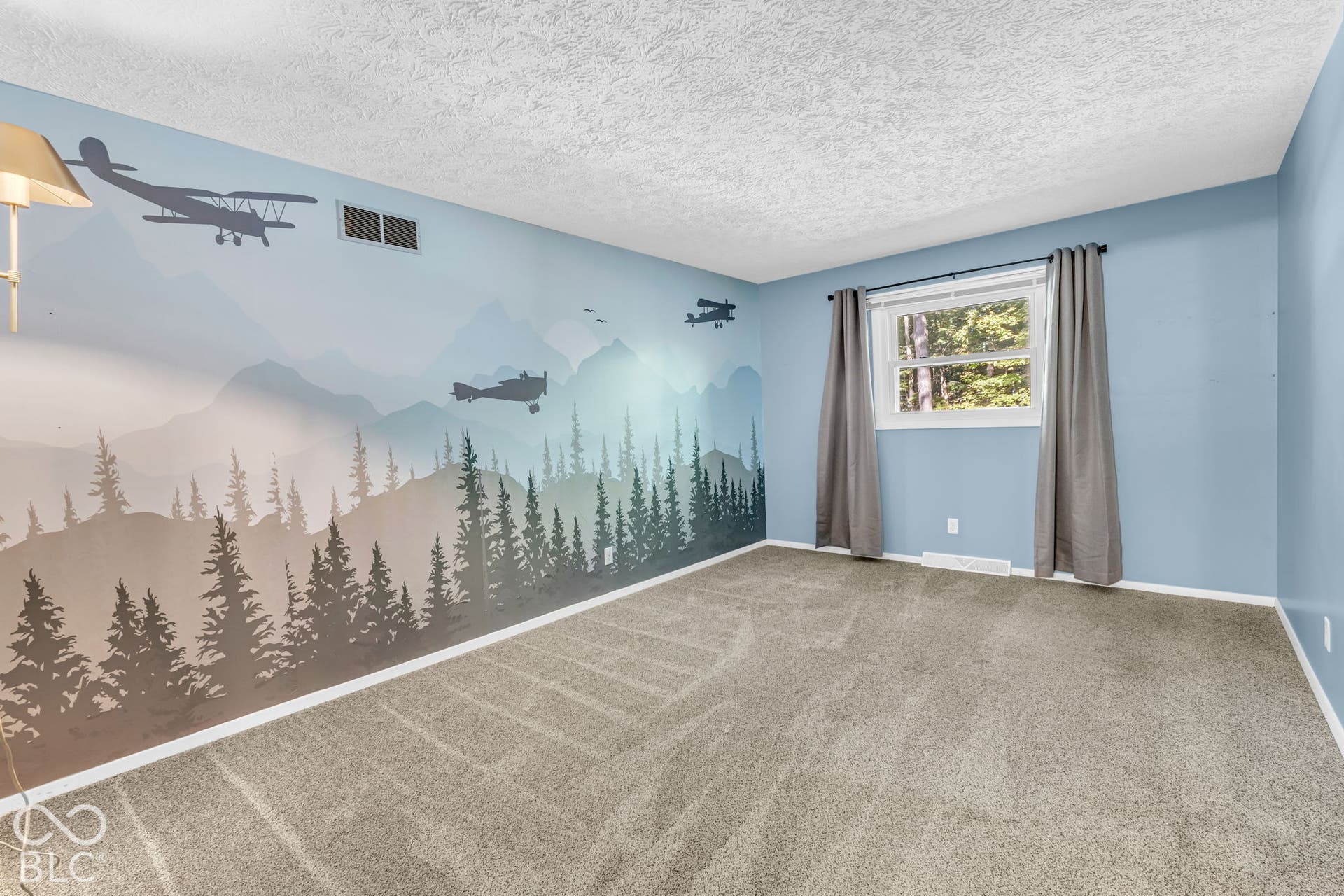 Wall-to-wall carpeting, single window with natural light, painted accent wall, and textured ceiling