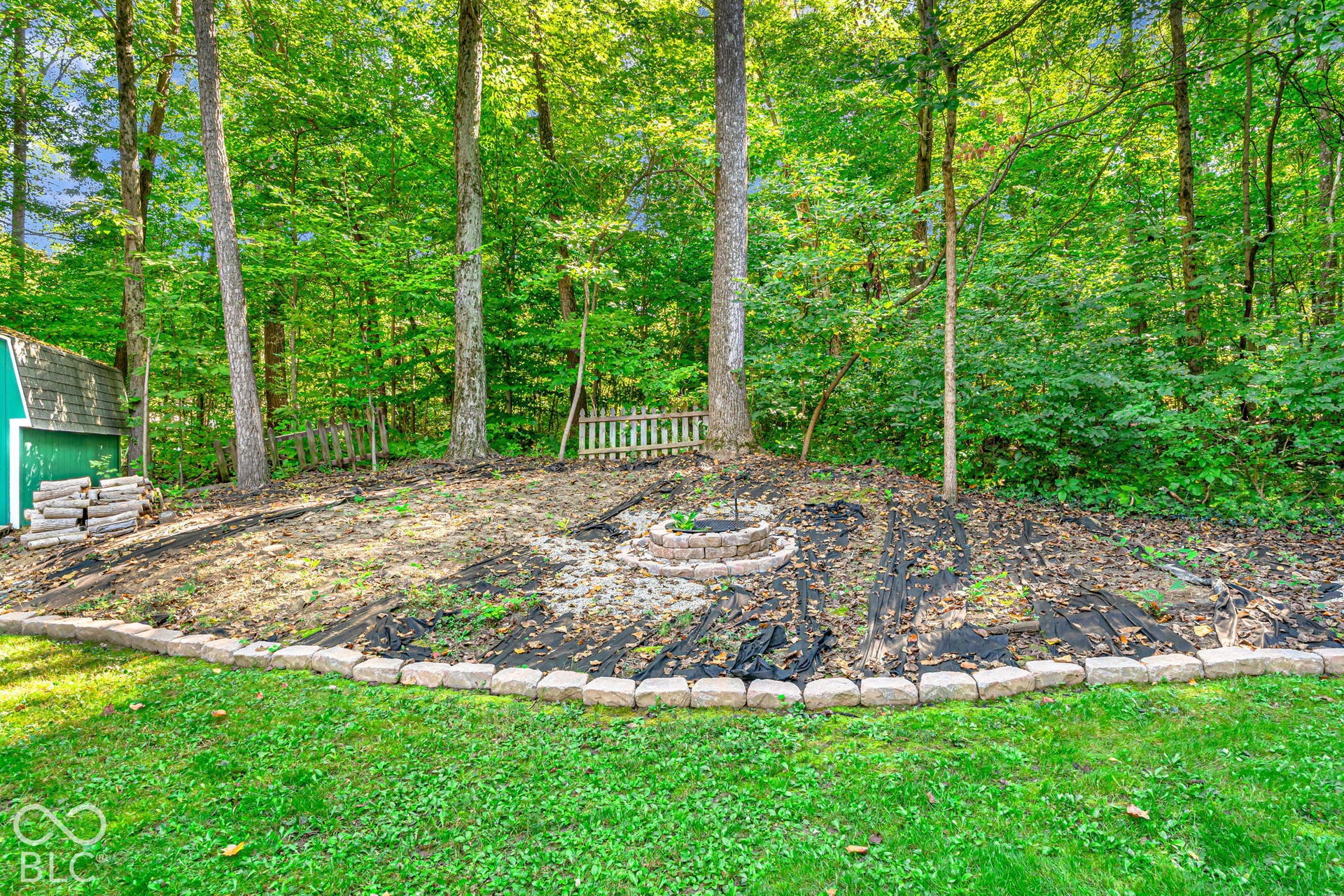Expansive backyard featuring a manicured lawn, established trees, and a functional storage shed