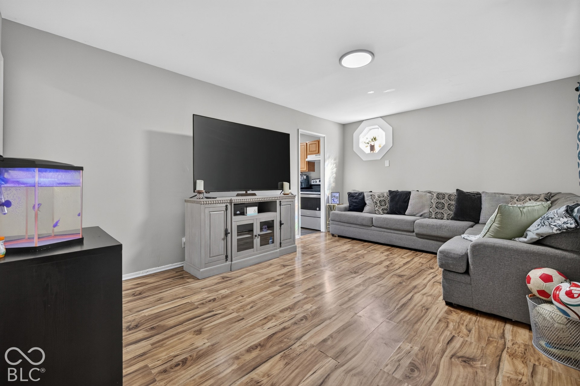 3241 Winton Avenue, Indianapolis, IN 46224 Wood-finish flooring throughout, light gray wall paint, octagonal window, and ceiling-mounted light fixture