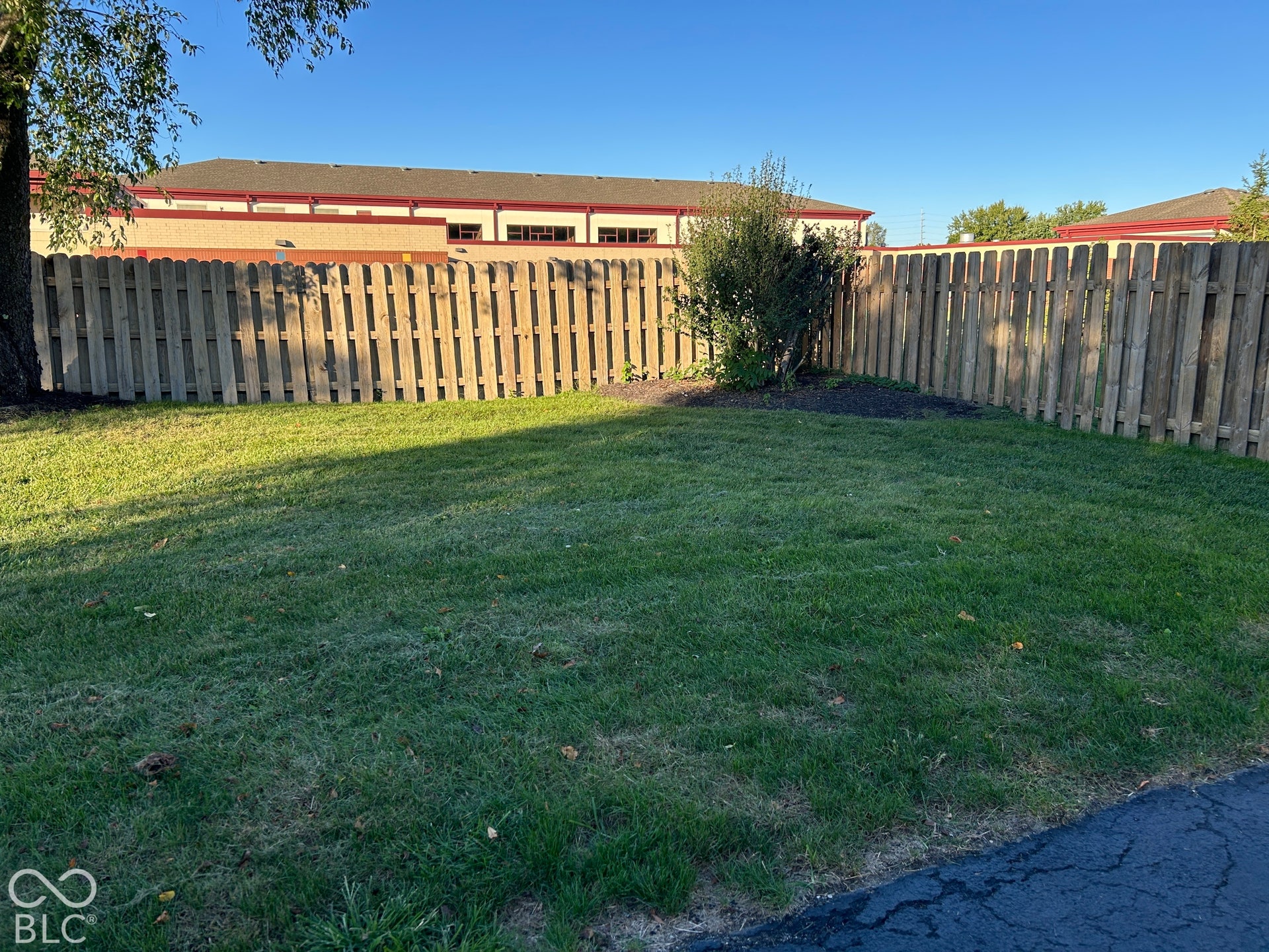 Enclosed backyard featuring a picket fence, mature tree, and established shrubbery
