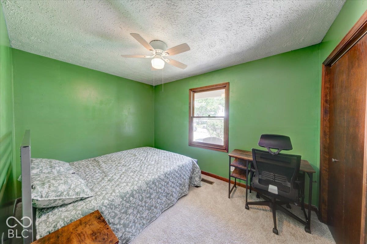 Bright secondary bedroom showcasing vibrant green walls, new carpeted flooring, and a ceiling fan with integrated lighting